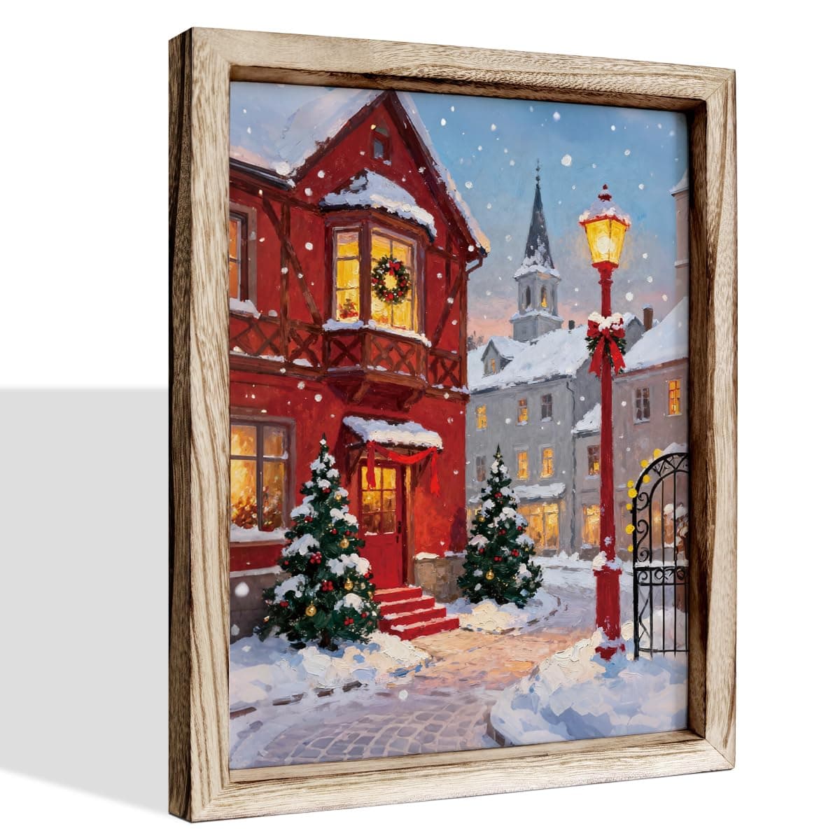 Winter Decors, Christmas Wood Sign, Xmas Tree Decoration, Snow Scene City Decoration, Aesthetic Room Decors for Home Office Indoor, Gallery Decor Art, Framed Wall Plaque Sign 38 * 29 inches