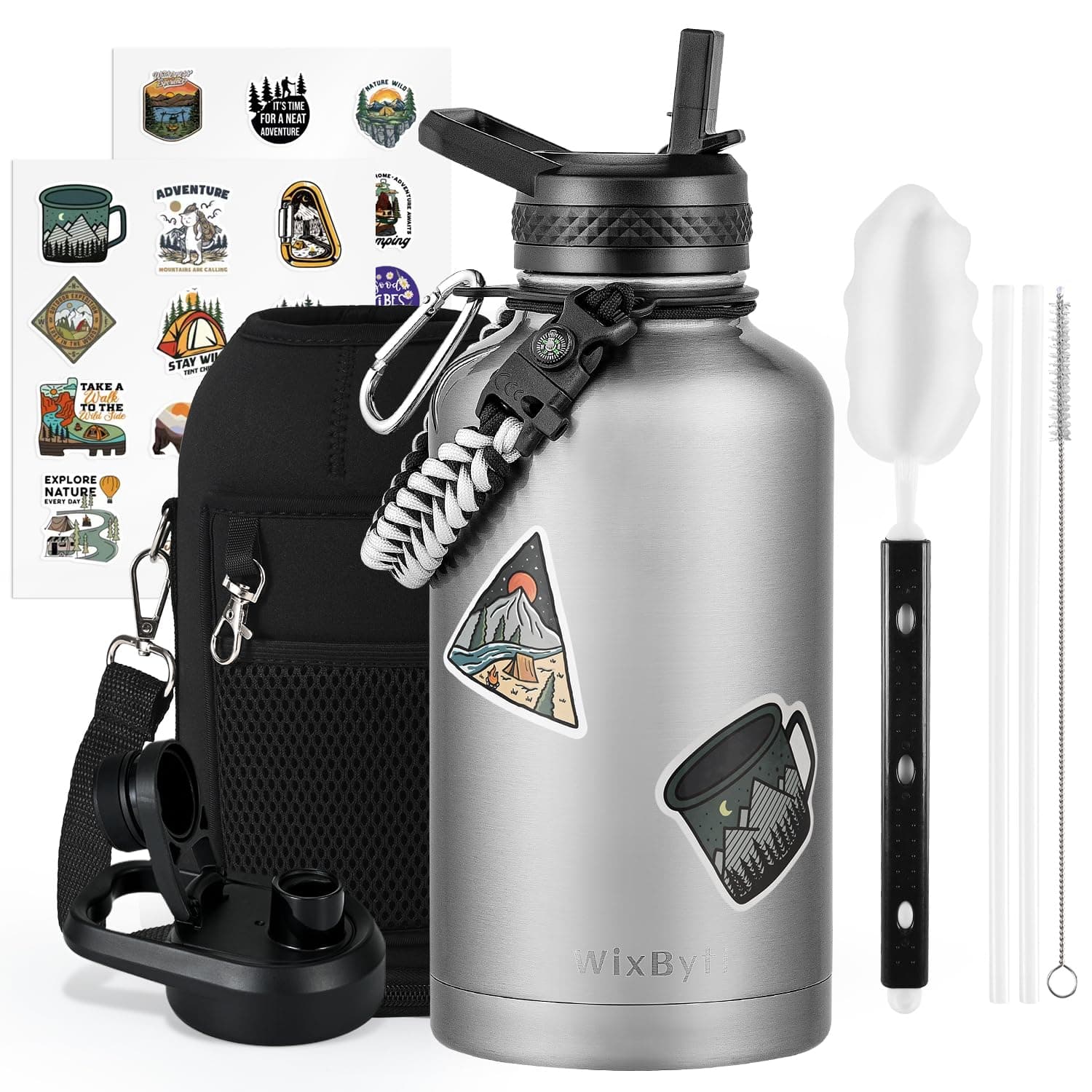 WixByti 64 oz Insulated Water Bottle with Straw (Cold for 48 Hrs), Half Gallon Stainless Steel Triple Wall Vacuum Sports Water Jug, Leakproof Hydro Cup Flask with Straw Spout Lids & DIY Stickers