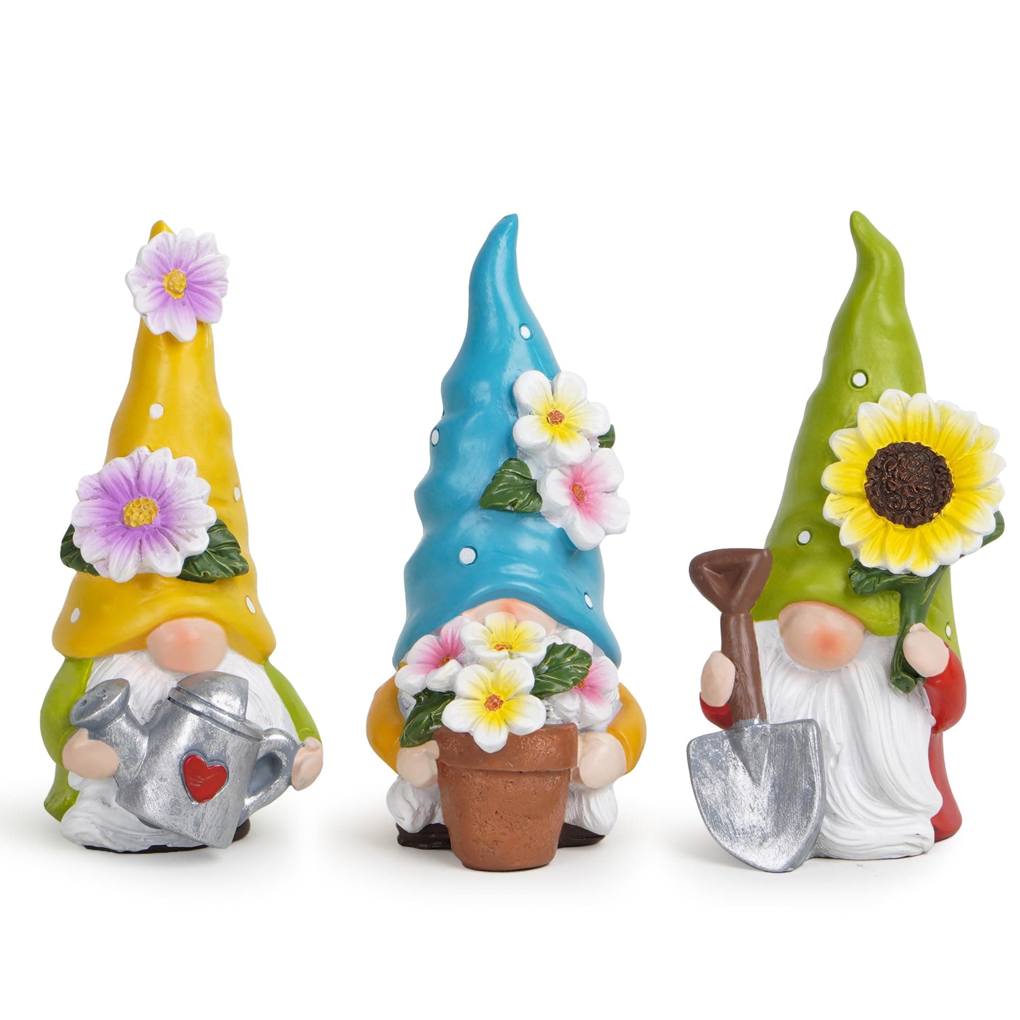Hodao Garden Gnome Figurines Set of 3, Flower Resin Gardens Decor for Home