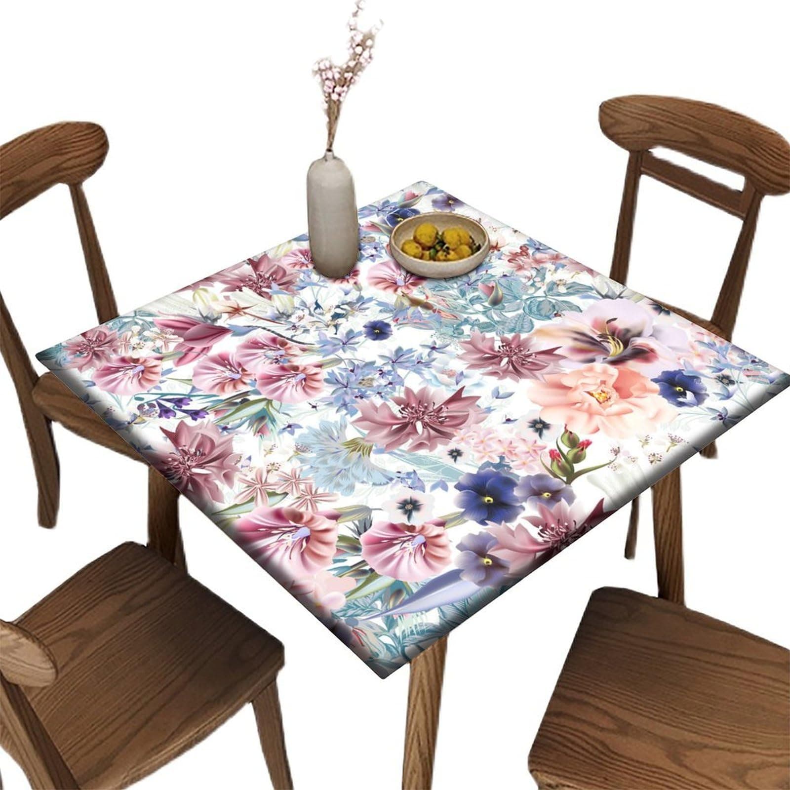 Edge Fitted Square Elastic Tablecloth, Flower Pattern Printed on Wrinkle Resistant Polyester Table Cloth, for Indoor Holiday Family Banquet and Outdoor Patio Use, Fit for 24" x 24"Square Table