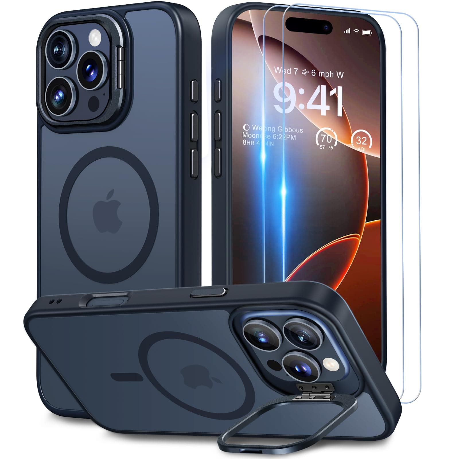 Beeasy for iPhone 16 Pro Case with 2 Tempered Glass Screen Protectors [with Stash Stand] [Compatible with Magsafe],Magnetic Phone Case for iPhone 16 Pro,6.3 inch Matte Black