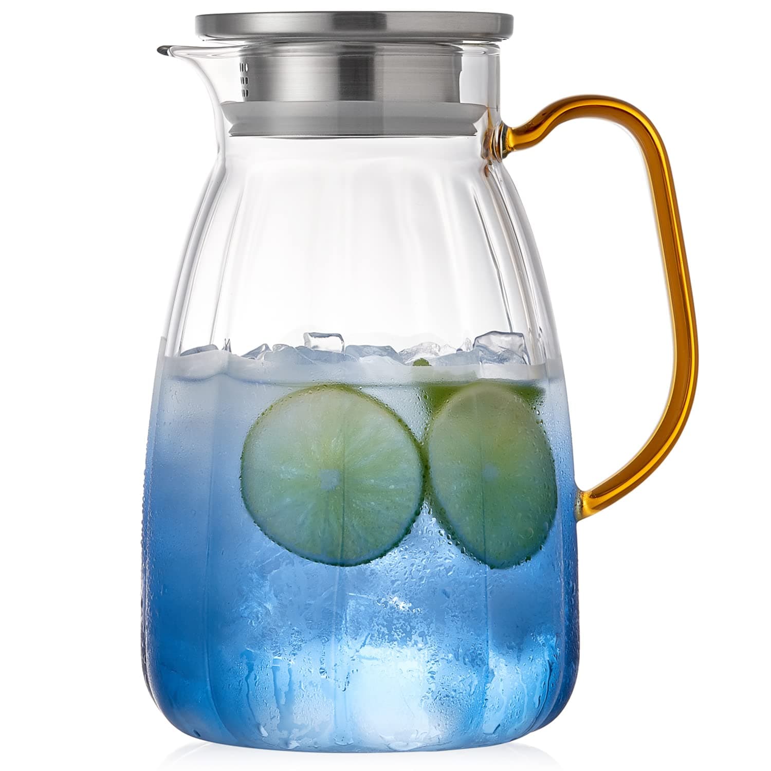 DOPUDO CADENCE Glass Pitcher (59 oz/ 1750ml) with Stainless Steel Lid and Spout, Borosilicate Glass Water Carafe, Beverage Iced Tea Jug - Gradual Change Blue