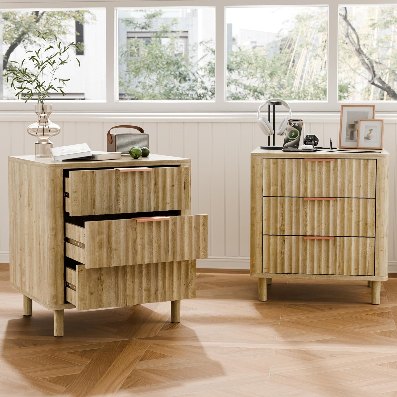 CozyMine Fluted Nightstand Set of 2 with Charging Station, 3 Drawers Oak