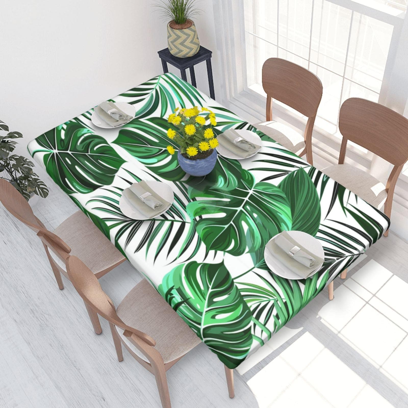 YPPAHHHH 4ft Rectangle Fitted Table Cloth Monstera Palm Leaves Table Cloth with Elastic Edged Rectangular Waterproof Polyester Tablecloth for Camping Dining Patio Restaurant Use