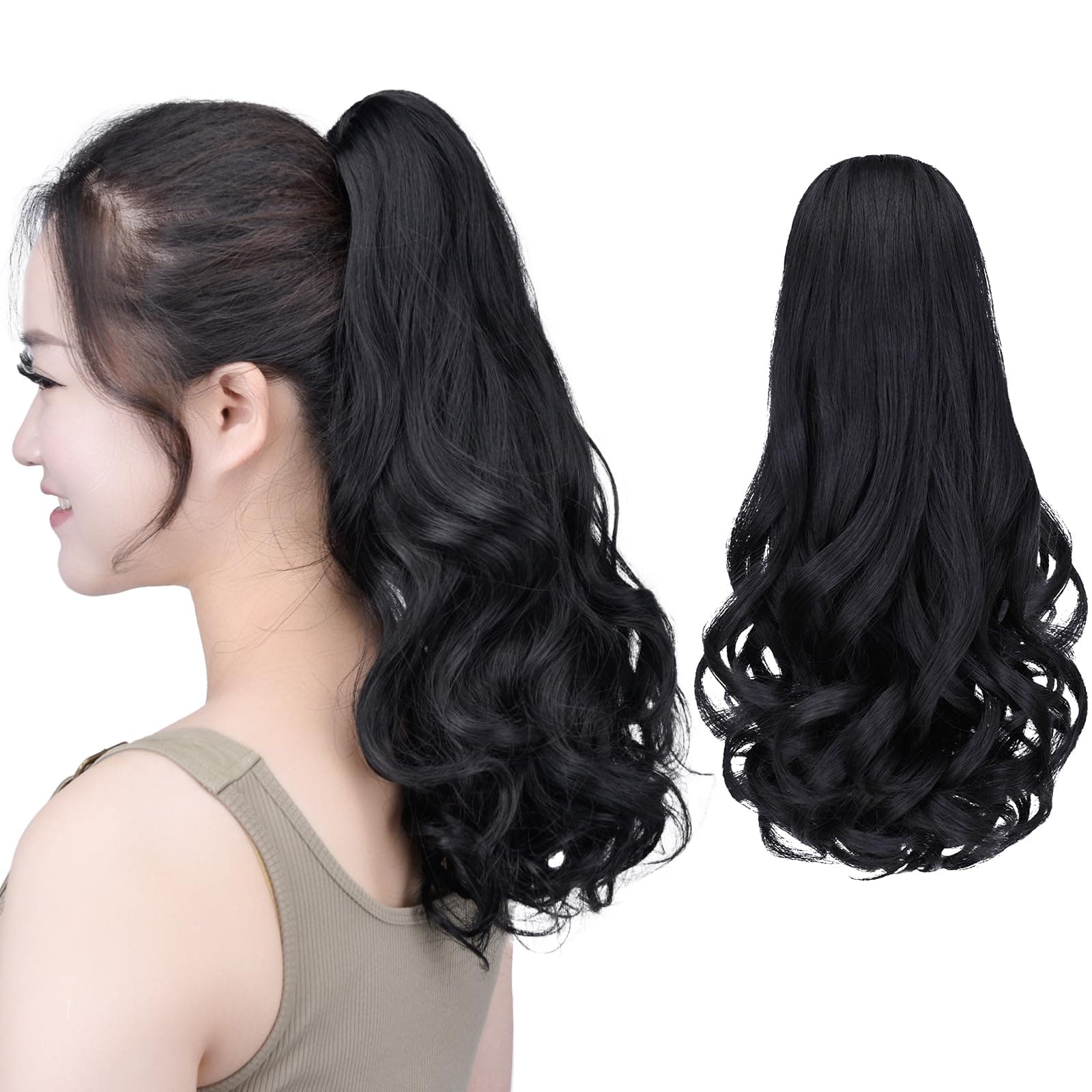 Black Ponytails,SYXLCYGG Clip Claw Pony tail 16" Wavy 4.5 OZ Hair pieces