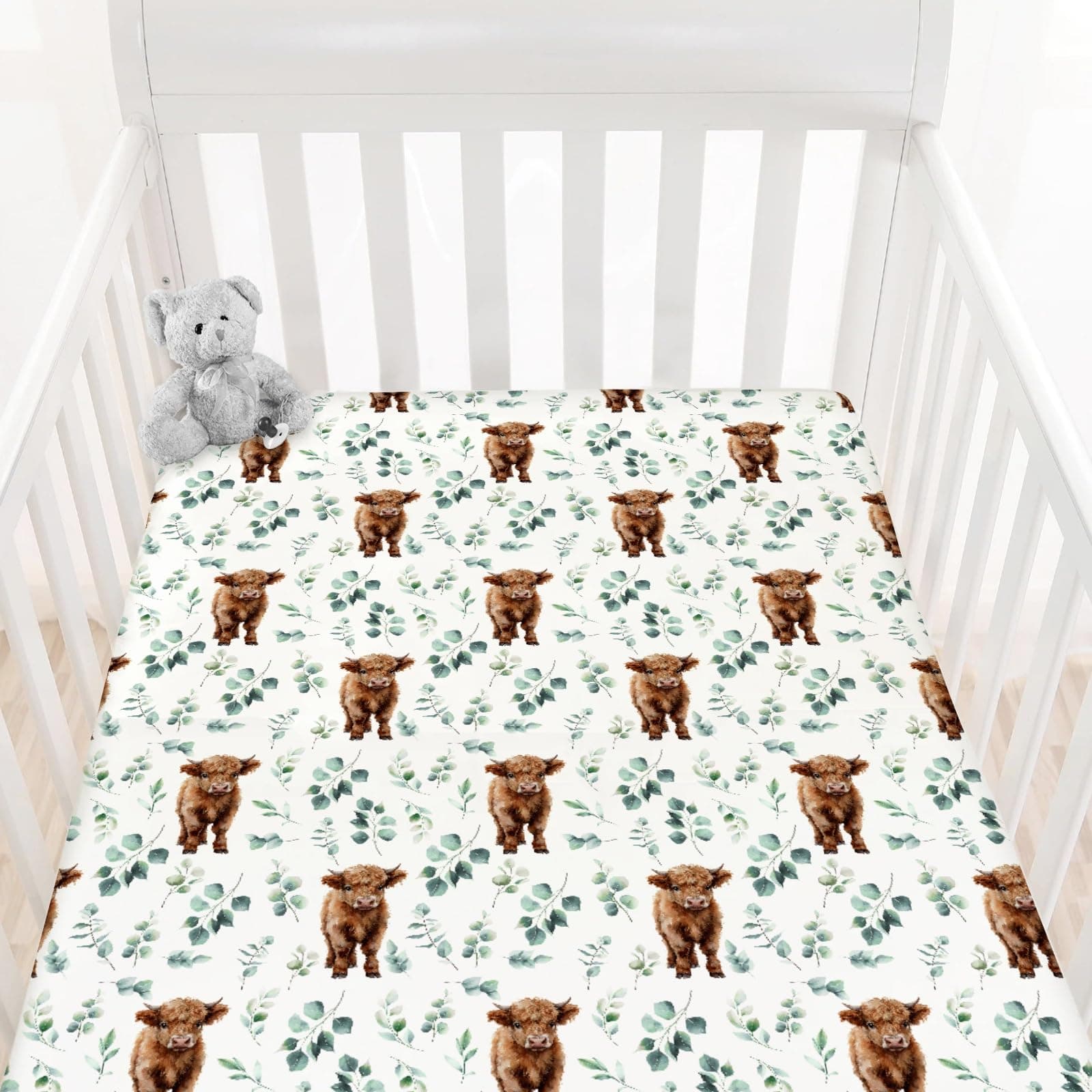 HawSkgFub Highland Cow Eucalyptus Leaf Fitted Standard Crib Sheet for Baby Boy Girl, Neutral Western Farm Animal Yak Toddler Mattress Cover, Soft Stretchy Nursery Bed Sheets Decor Kids Gift 52" x 28"