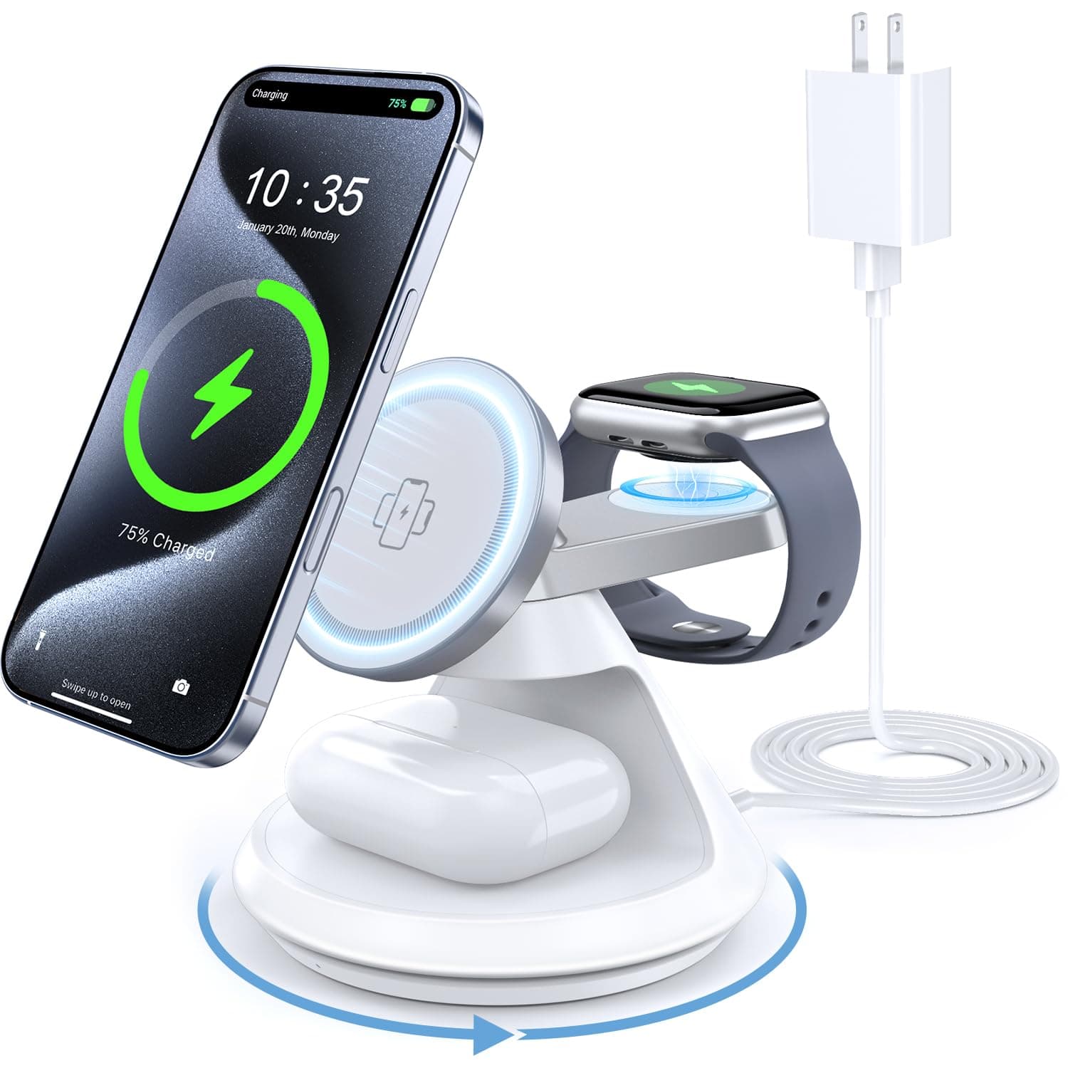 3 in 1 Wireless Charger for Apple MagSafe Compatible, 15W Magnetic Wireless Charger Stand, 360° Rotating Dock, Wireless Charging Station for iPhone 17 16 15 14 13 12 Series for iWatch for AirPods