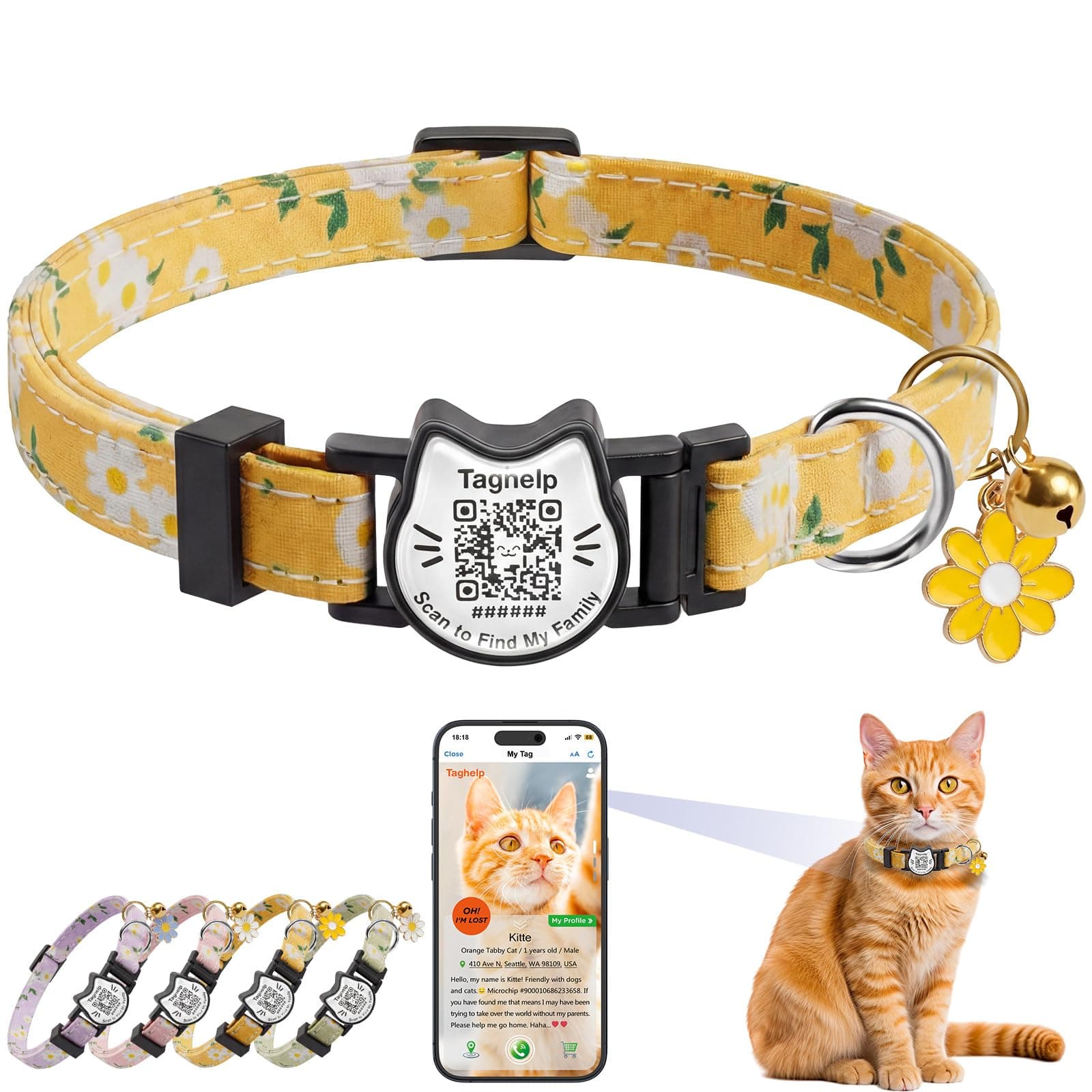 Breakaway Cat Collar with QR Code ID Tag, Adjustable Cotton Kitten Collar with Bell, Scan to Find My Family Personalized Pet Info, Cute Flower Design for Indoor Outdoor Cats,Flower Pendant(Yellow)