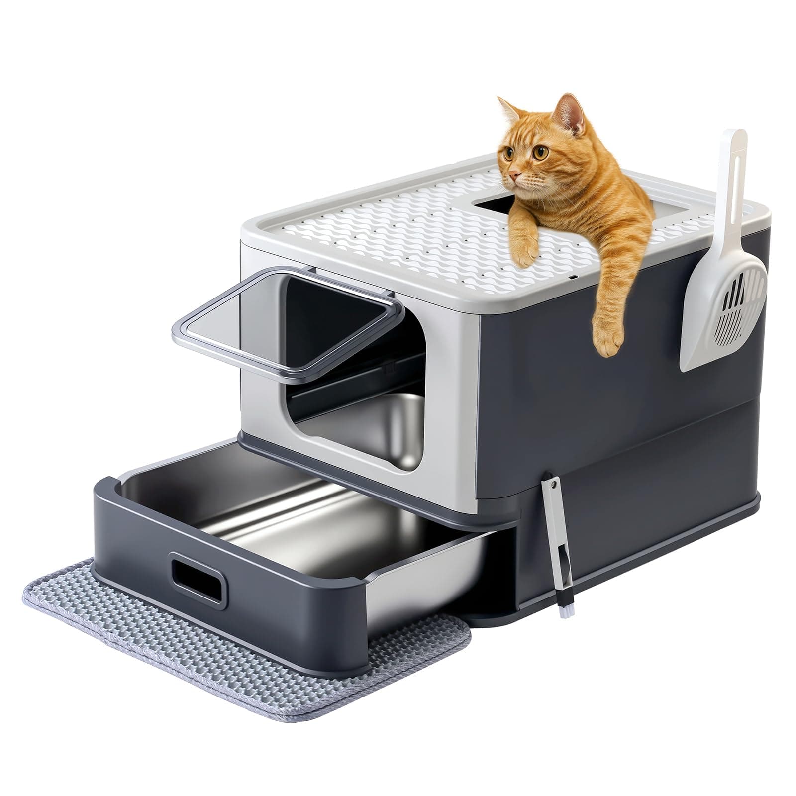 Marchul Stainless Steel Cat Litter Box with Lid & Drawer, Adjustable Front Entry Top Exit Kitty Box, Large Metal Covered Litter Box with Scoop & Litter Mat, Dark Gray