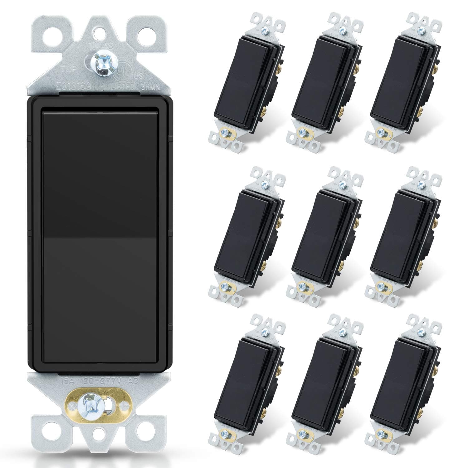 ELEGRP Single Pole Decorator Light Switch, 15Amp, 120-277V, Decorative Paddle Rocker Switch Replacement, On/Off Wall Switch, Self-Grounding, Residential/Commercial Grade, UL/CUL (10 Pack Glossy Black)