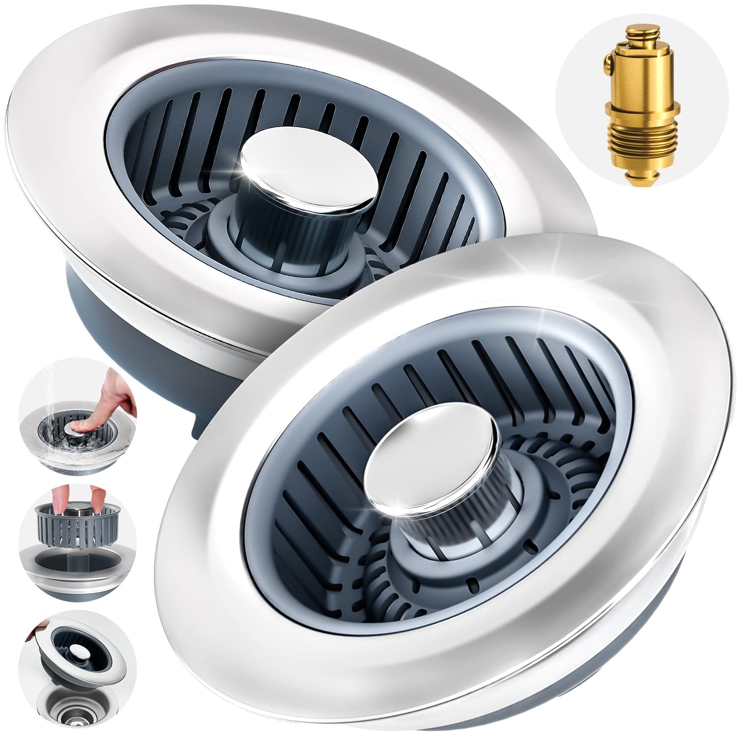 zaa 2 Pack Sink Drain Strainer, Sink Stopper, 3 in 1 Stainless Steel Kitchen Sink Drain Strainer with Anti-Clogging Basket, Fit US Standard 3-1/2 Inch Drain Hole