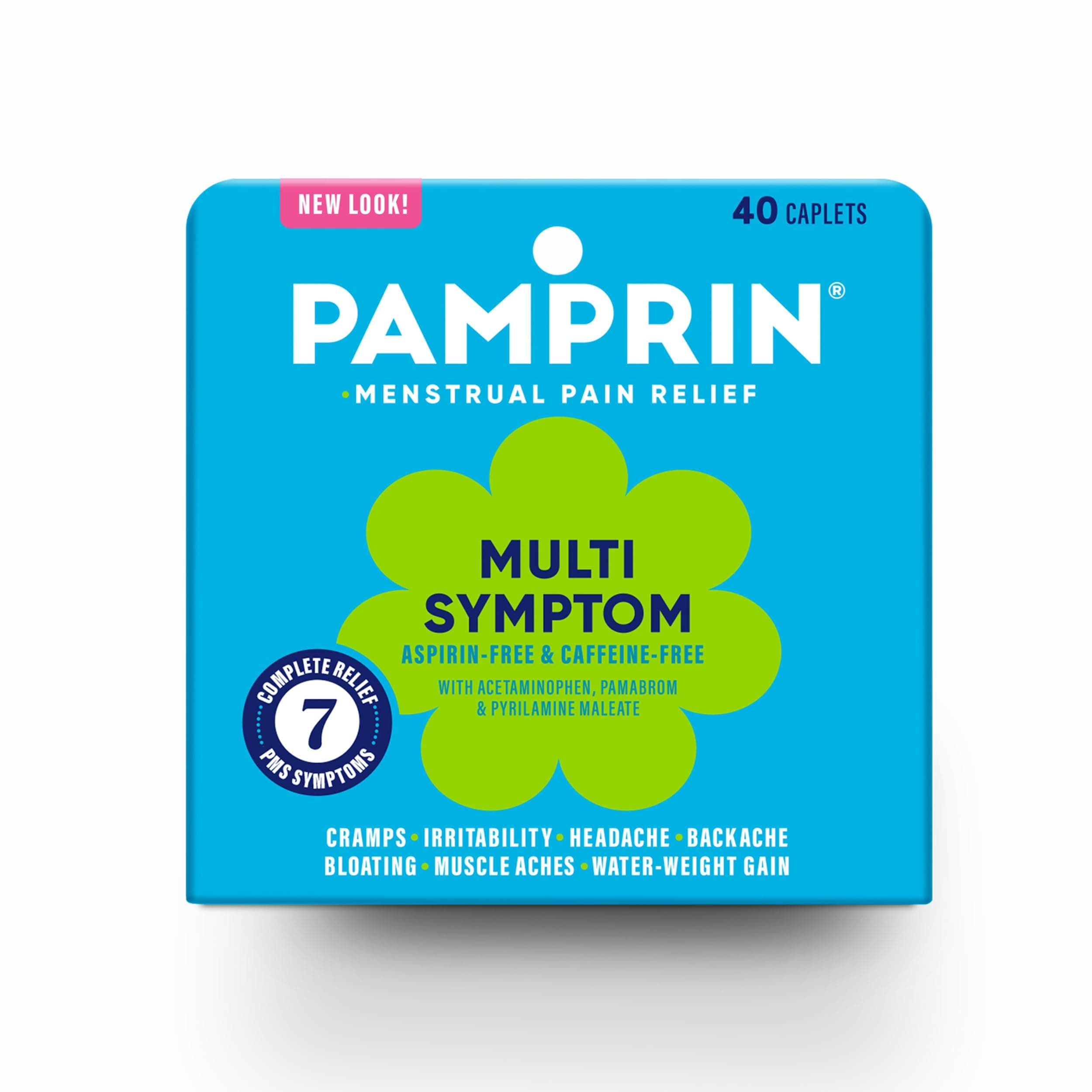 Pamprin Multi-Symptom Formula, with Acetaminophen, Menstrual Period Symptoms Relief including Cramps, Pain, Bloating, and Irritability 40 Caplets