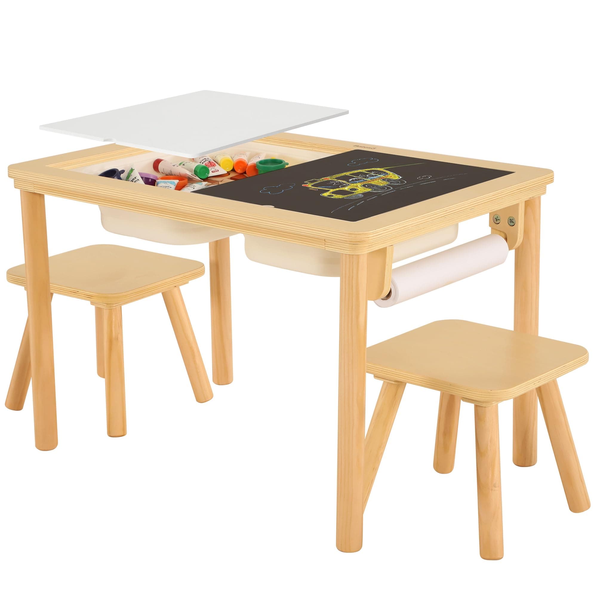 Bateso Sensory Table for Toddlers with 2 Chairs & Roll Paper, Wooden Kid Table Chair Set with Double-Sided Boards and 2 Storage Bins, Activity Table for Sand and Water Play, Indoor & Outdoor Use
