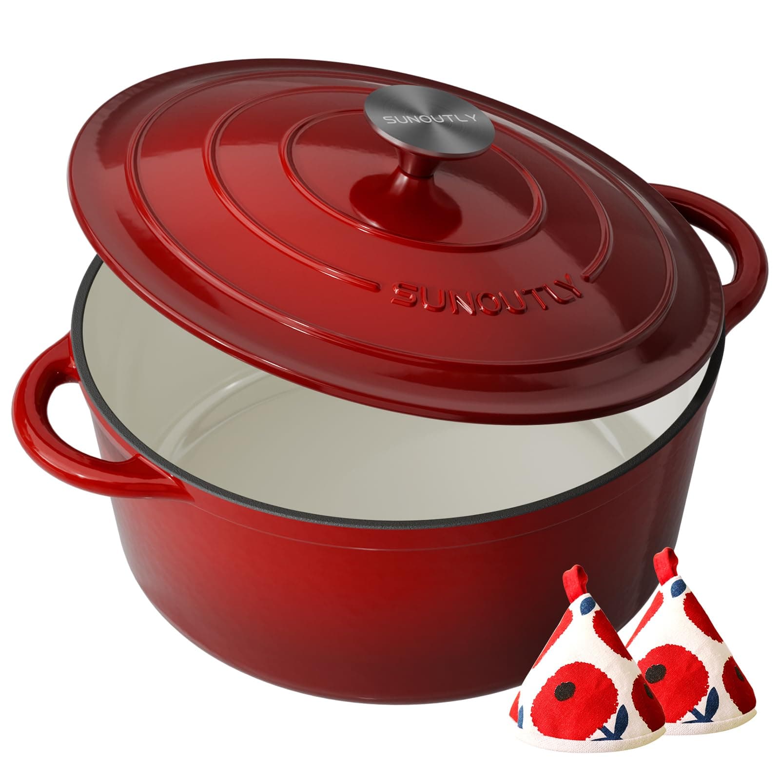 Enameled Cast Iron Dutch Oven, 7.5QT Pot with Lid, Cherry Red