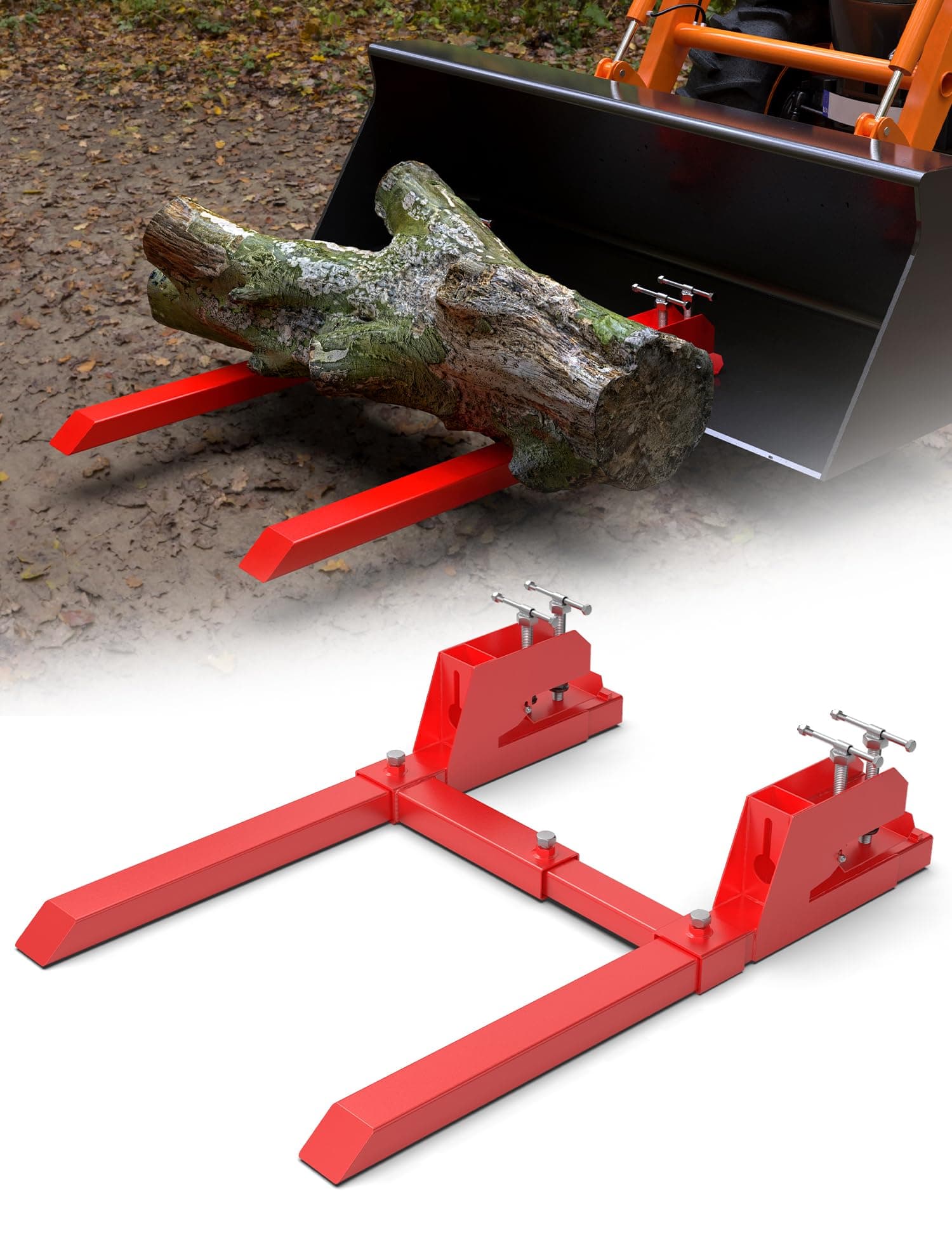 Upgraded 43" Tractor Bucket Forks,Clamp on Pallet Forks with Anti-Slip Tongue 2000LBS,Twin Screw Design,Adjustable Stabilizer Bar,Heavy Duty Skid Steer Pallet Forks for Tractor Bucket Loader, Red