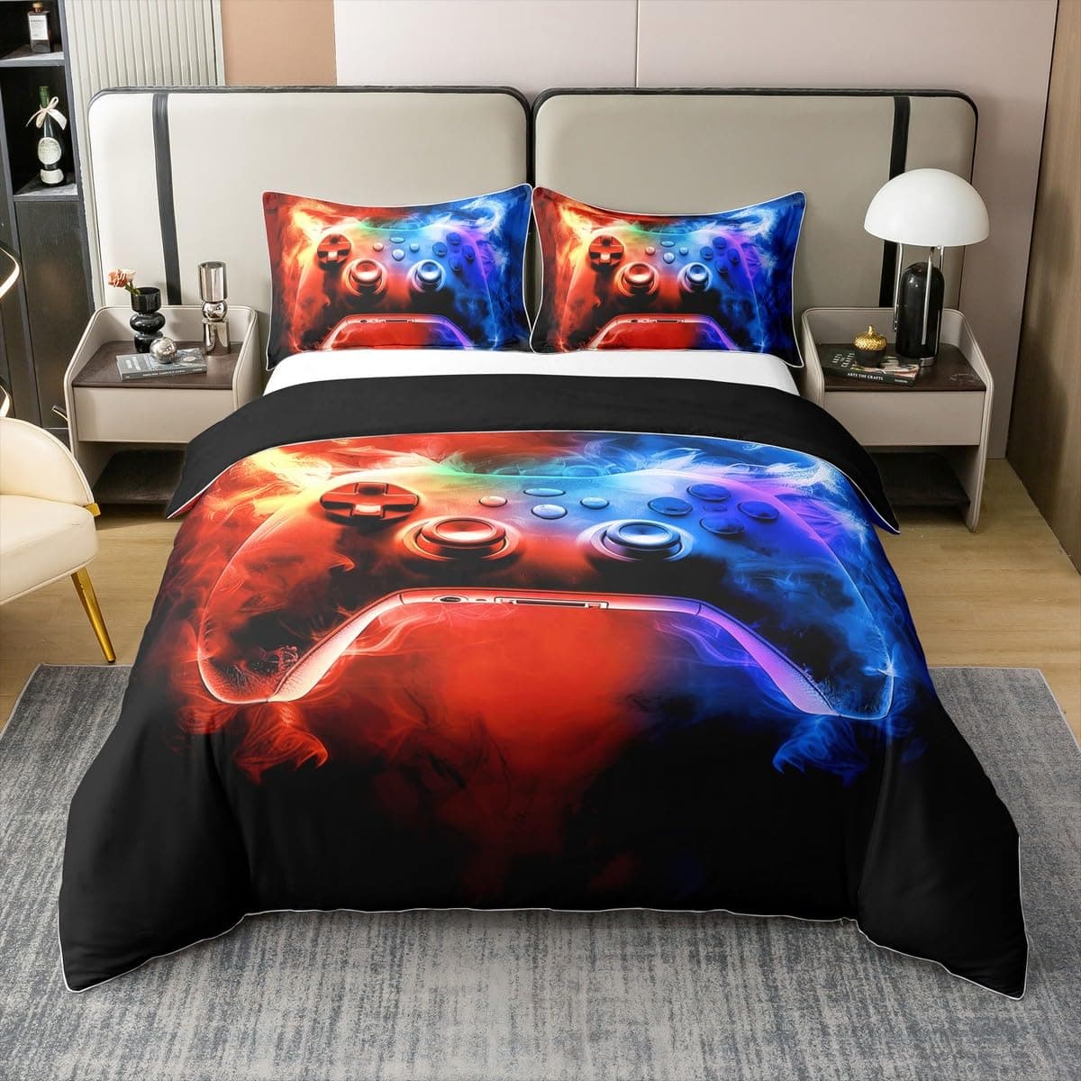 Boys Video Games Bedding Set Red Blue Dragon Duvet Cover Set Bedding Duvet Cover Set Comforter Cover Set Mythical Animal Dragons Bedspread Cover Bedroom Quilt Cover 3Pcs Full 100% Cotton,No Comforter