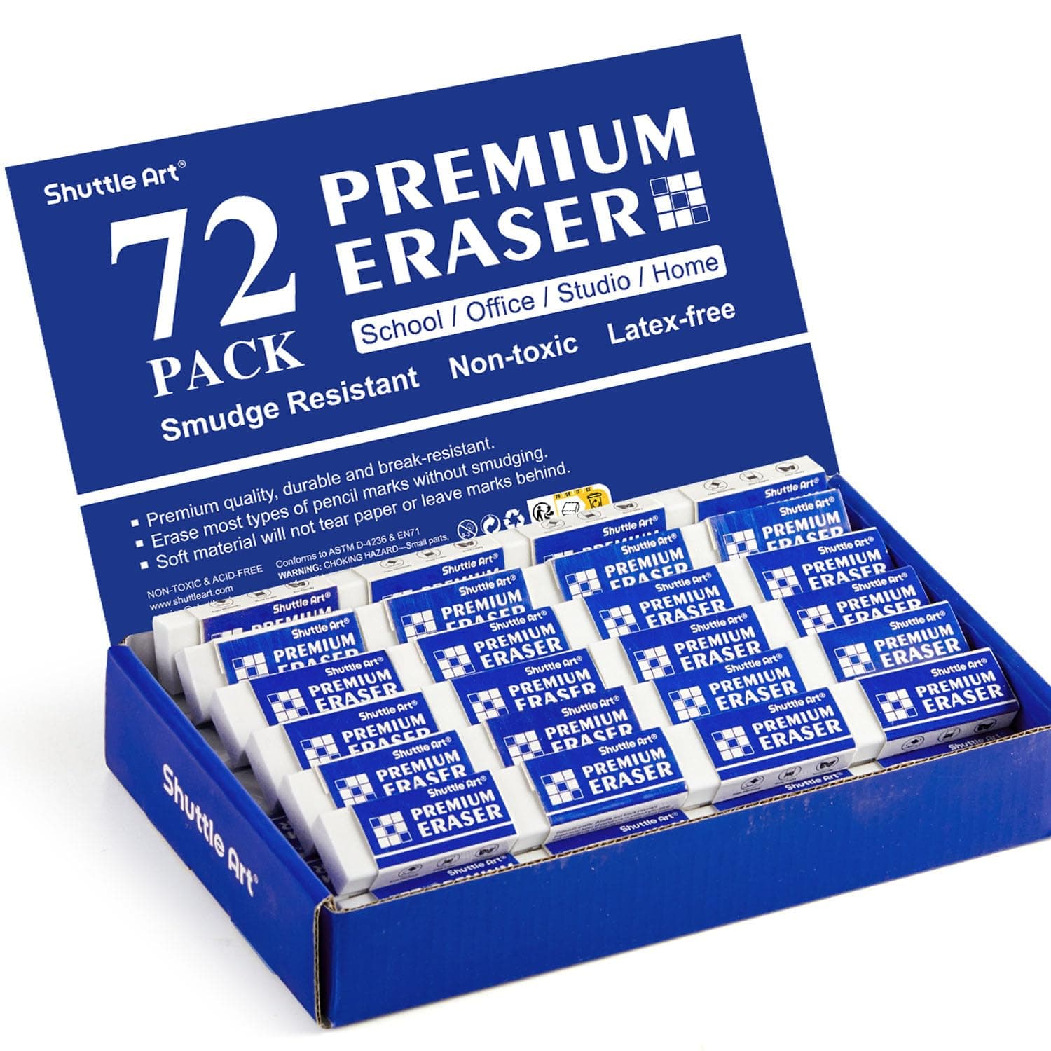 Shuttle Art 72 Pack Premium White Erasers, Bulk Classroom Erasers Set for Kids Teachers as School and Office Supplies