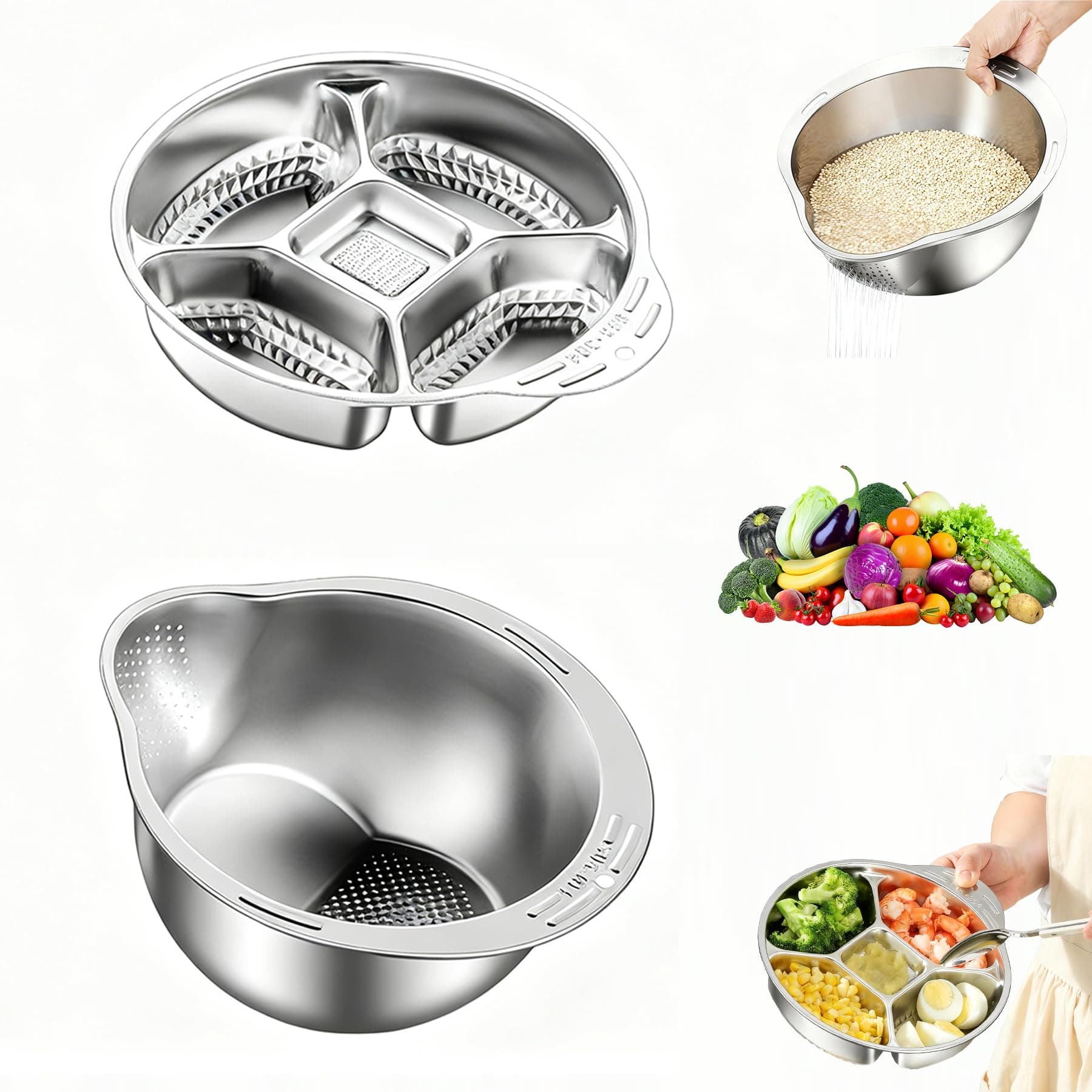 Rice Washer Strainer Bowl with Vegetable Divider Tray, Stainless Steel Rinser Washing Bowl, Small Colander Rice Strainer Versatile Kitchen Tool for Quinoa, Vegetables, Fruits, Beans Cleaning