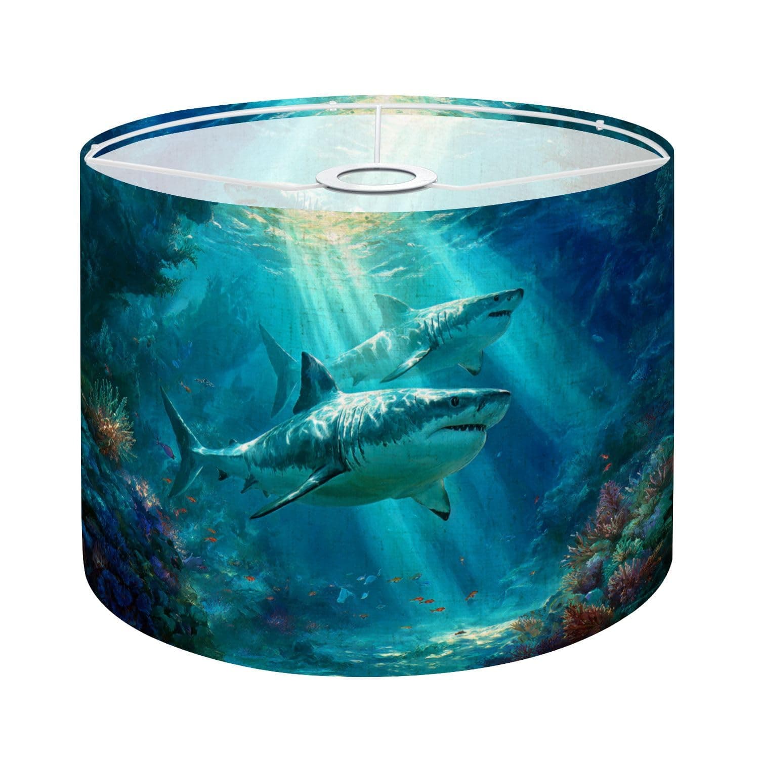 Coastal Lampshades Nautical Lamp Shades Boho 1 Pack Shark Theme Underwater Deep Ocean Animals Fish Aquarium Navy Blue Light Shade for Table Lamps Floor Lamps Drum Lamp Shades Lampshade Replacement