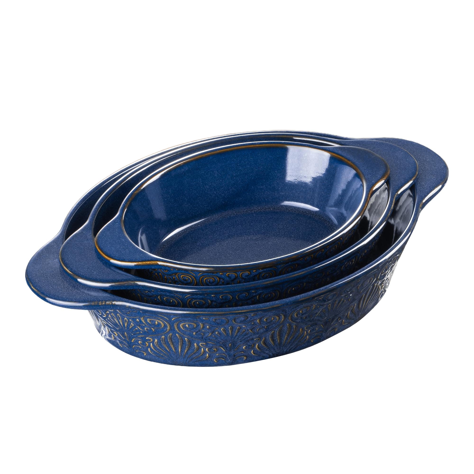 Dafuceramic Casserole Dishes for Oven Sets of 3, Ceramic Oval Baking Dish, Au Gratin Baking Pans with Handles for Roasting, Lasagna, Pie, Baking Meat & Vegetables (Blue)