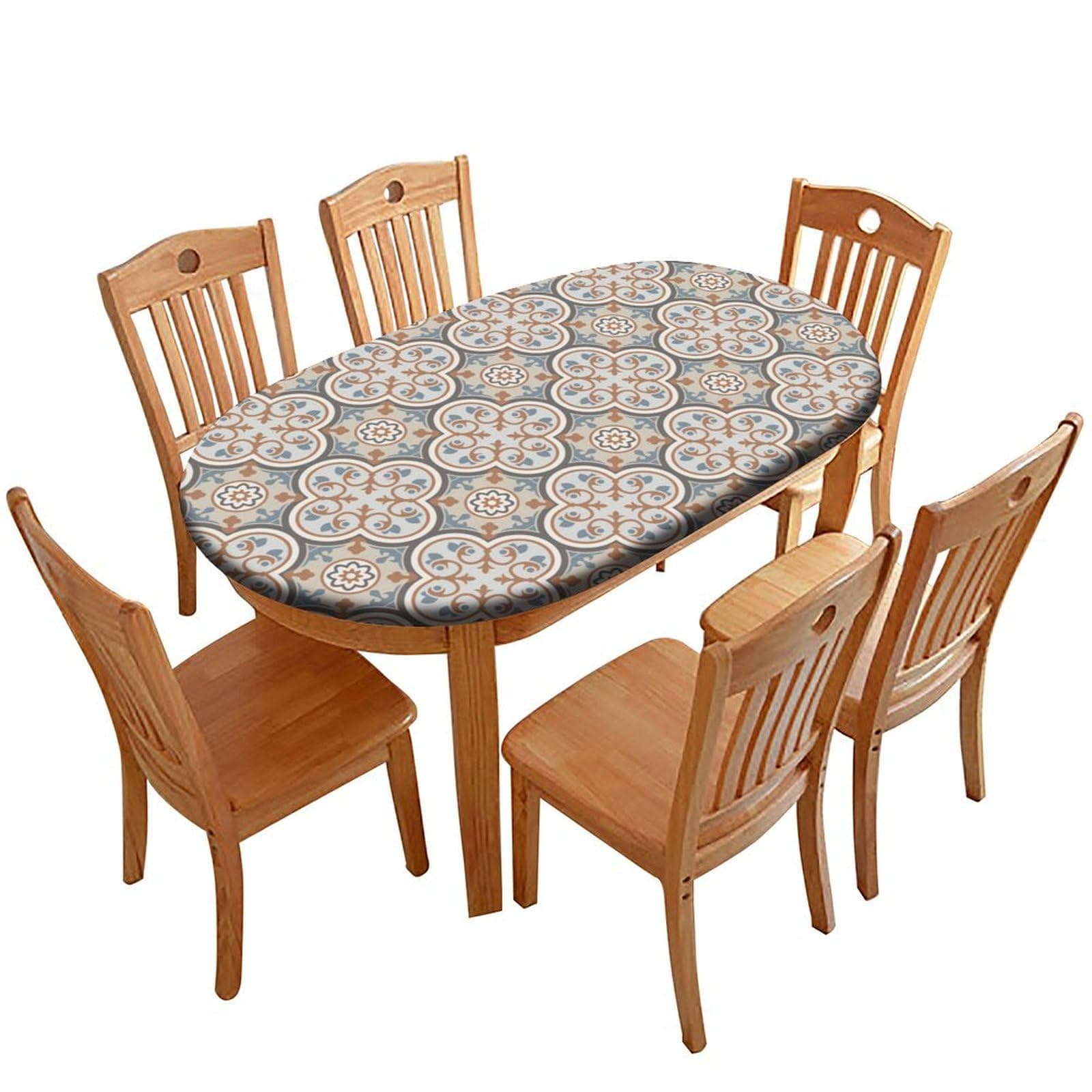 protectormax Oval Fitted Polyester Table Cover, Fits for 48" x 80" Oval Table, Geometric Pattern Elastic Edge Decorative Table Cover, Stain Resistant Washable Tablecloth for Family Festival Party Use