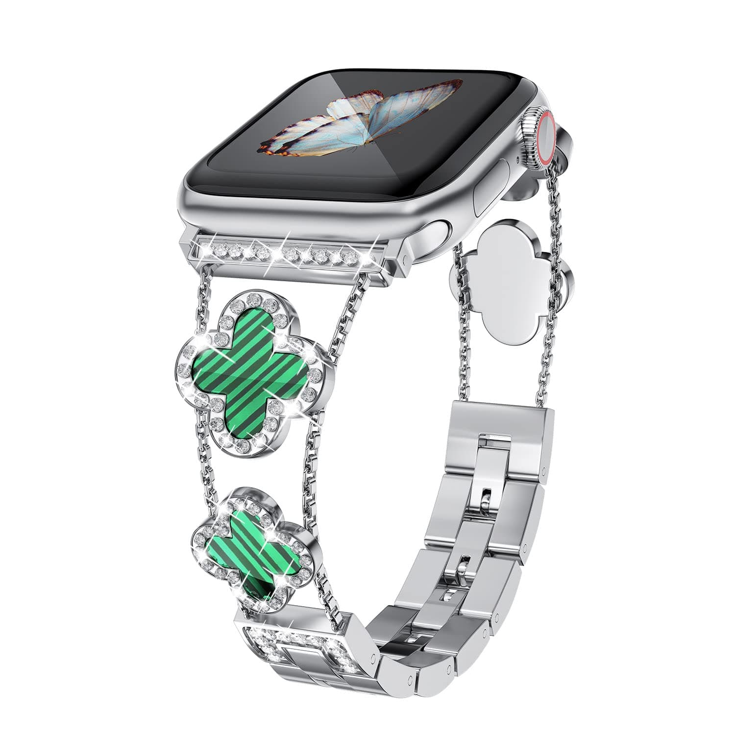 Musk-MSKR Luxury Silver/Green Apple Watch Band with Four-Leaf Clover Design, Diamond-Encrusted Craftsmanship, and Rhinestone Decoration