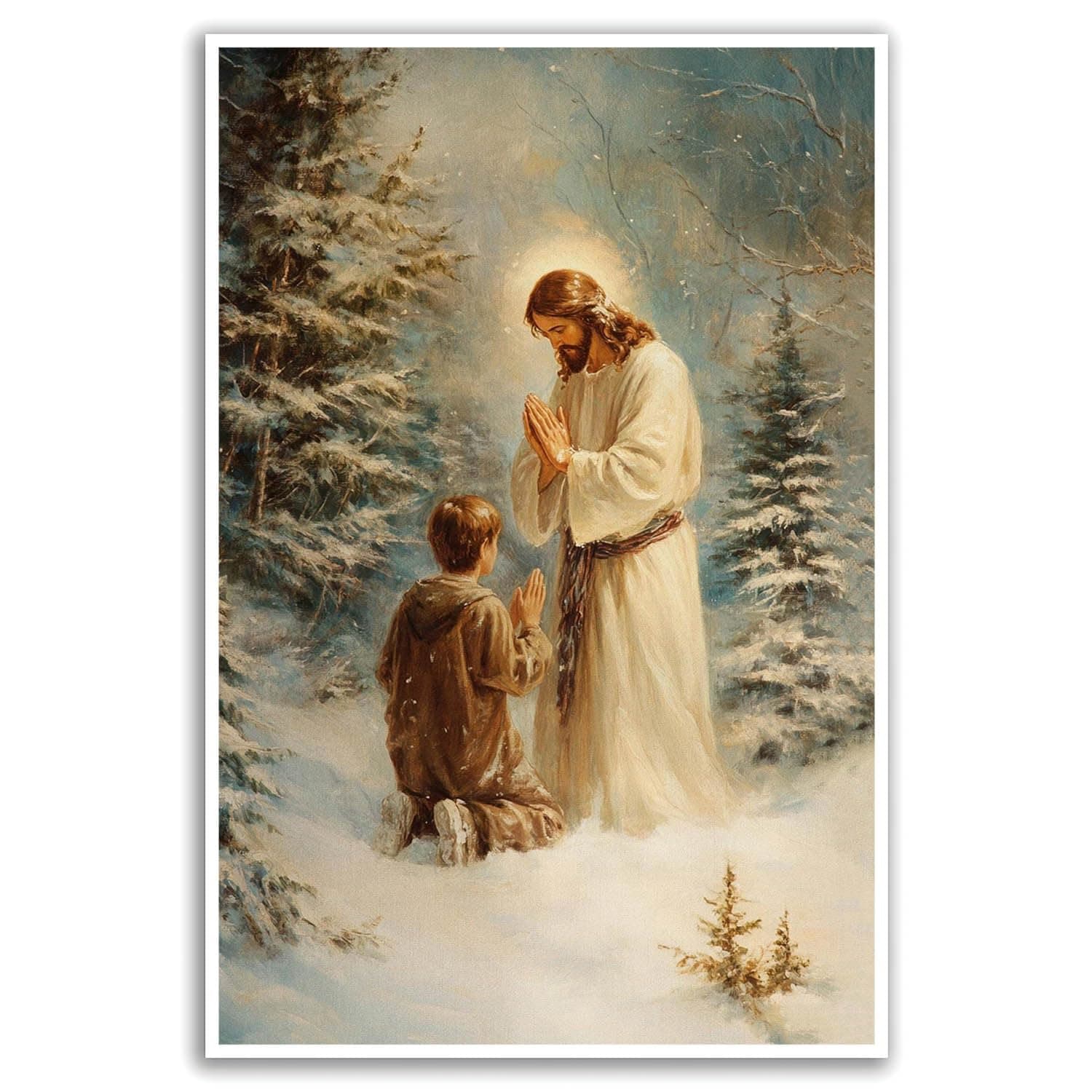 Vintage art Jesus praying with children in the snow print painting inspirational winter Christian oil painting art faithful religious wall decor suitable for decorating bedroom living room study