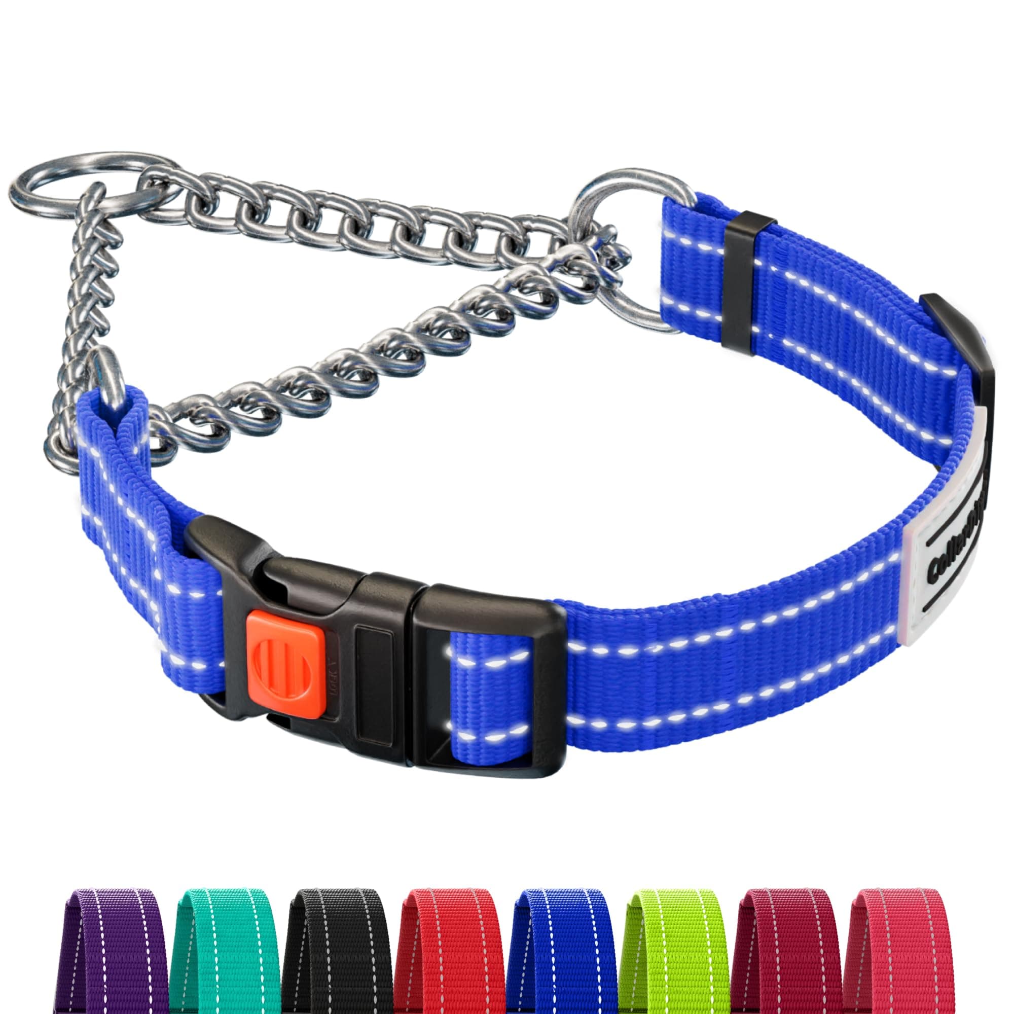 CollarDirect Martingale Dog Collar Dog Choke Collars Stainless Steel Chain Quick Release Buckle - Reflective Collar for Large, Medium, Small Dogs - Blue, Medium (Neck Size 14"-17")