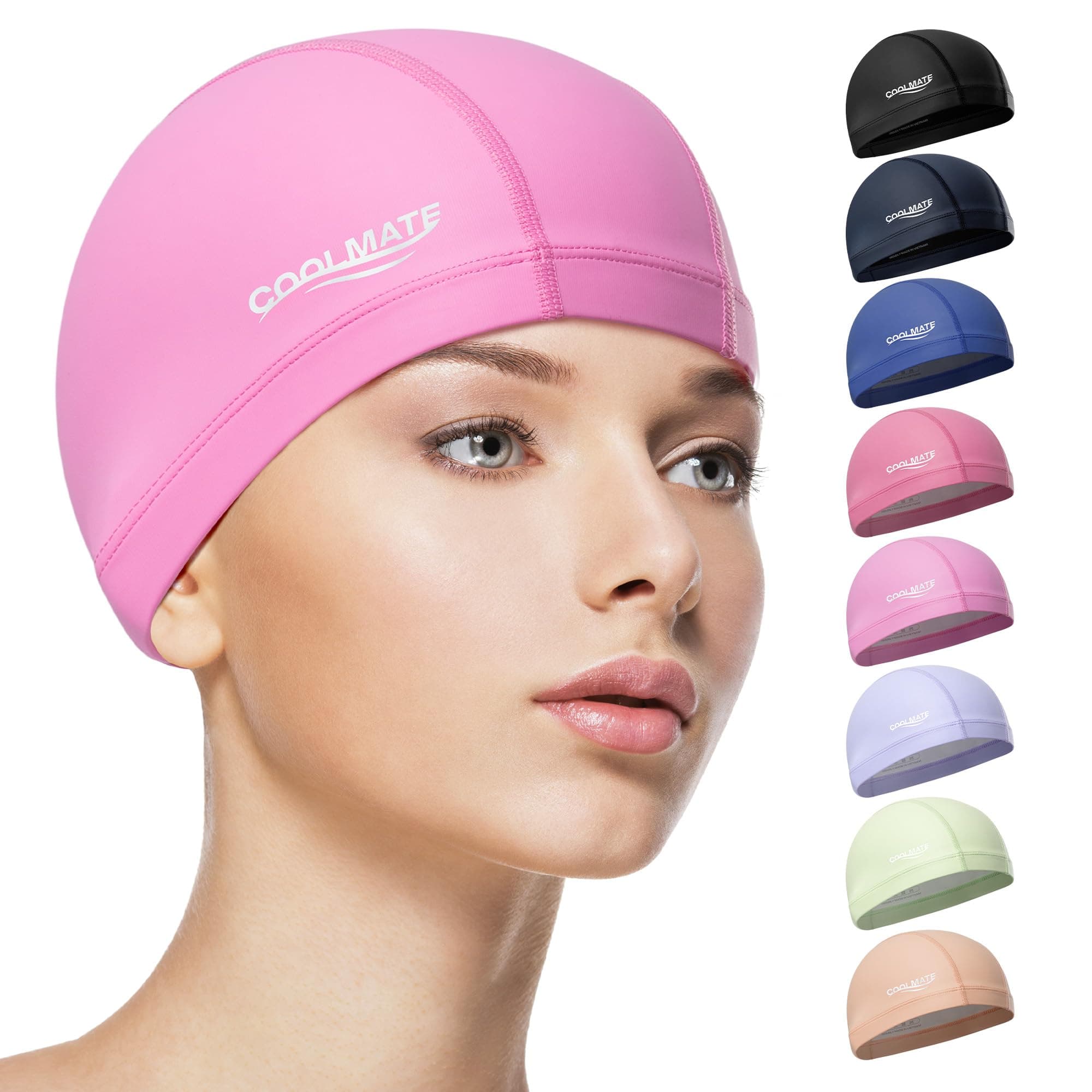 COOLMATE Fabric Swim Cap for Adult Women Men Kid 3 4 6 8 14 16, Silicone Water Resistant Layer, Cloth Swim Cap Gifts for Swimmers, Lightweight for Pool, Lap Swimming (1 pc) (Light Pink, S)