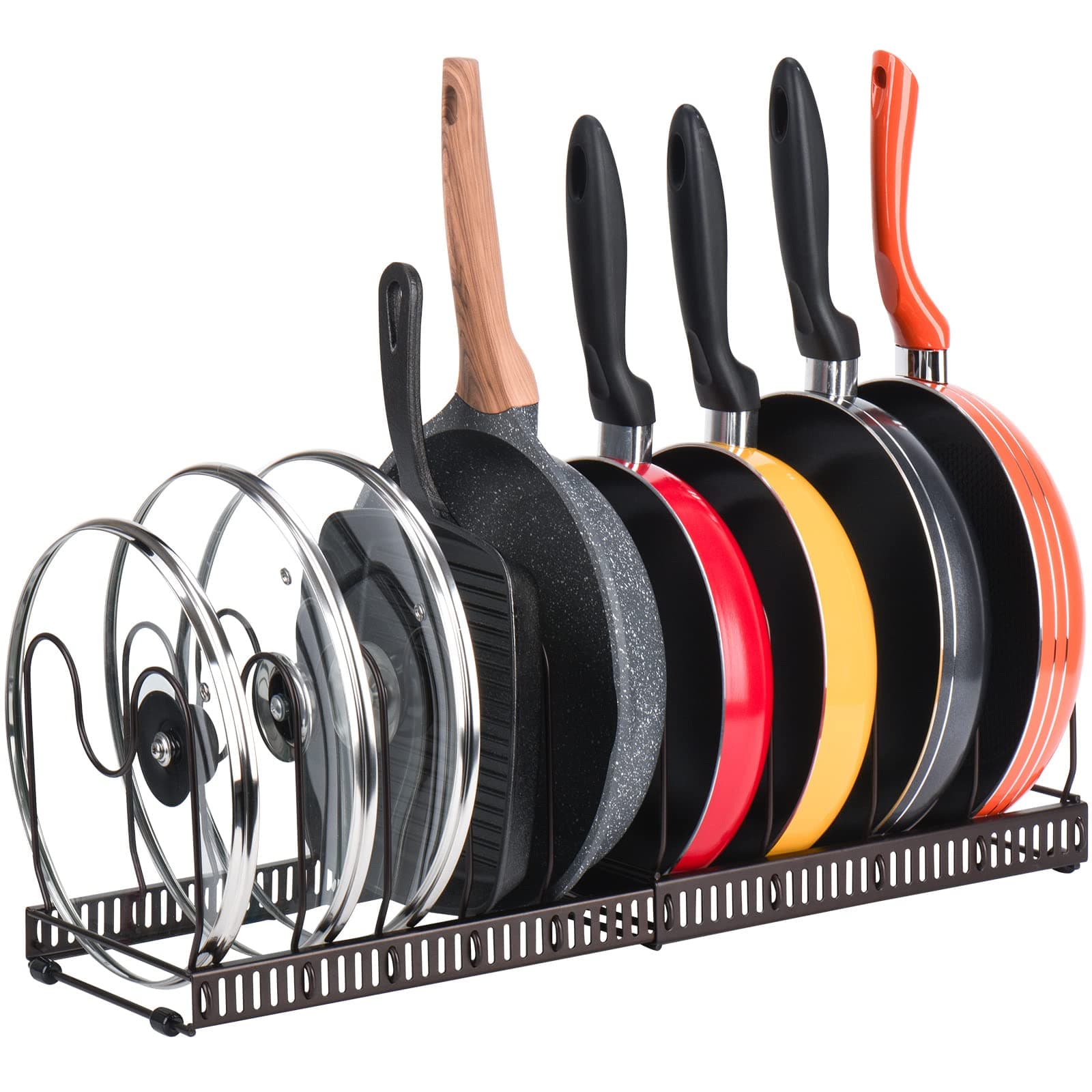 Toplife 10+ Pans Expandable Pans Organizer Rack, 10 Adjustable Compartments, Pantry Cabinet Bakeware Lid Plate Holder