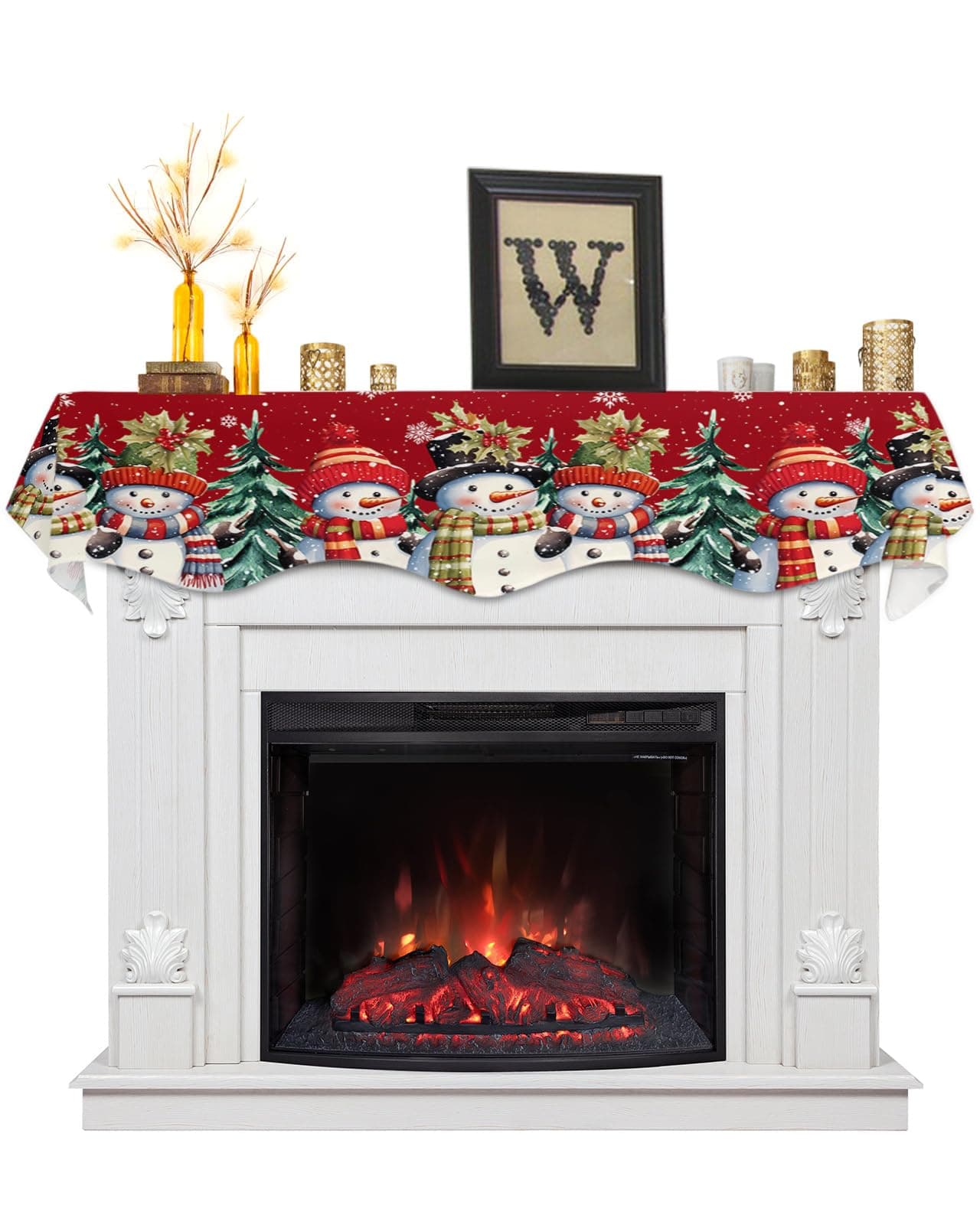 Victoroes Christmas Mantle Scarf 90 x 17 Inch, Red Snowman Christmas Trees Fireplace Mantel Scarf Mantel Cover Runner for Christmas Holiday Seasonal Winter Xmas Decorations