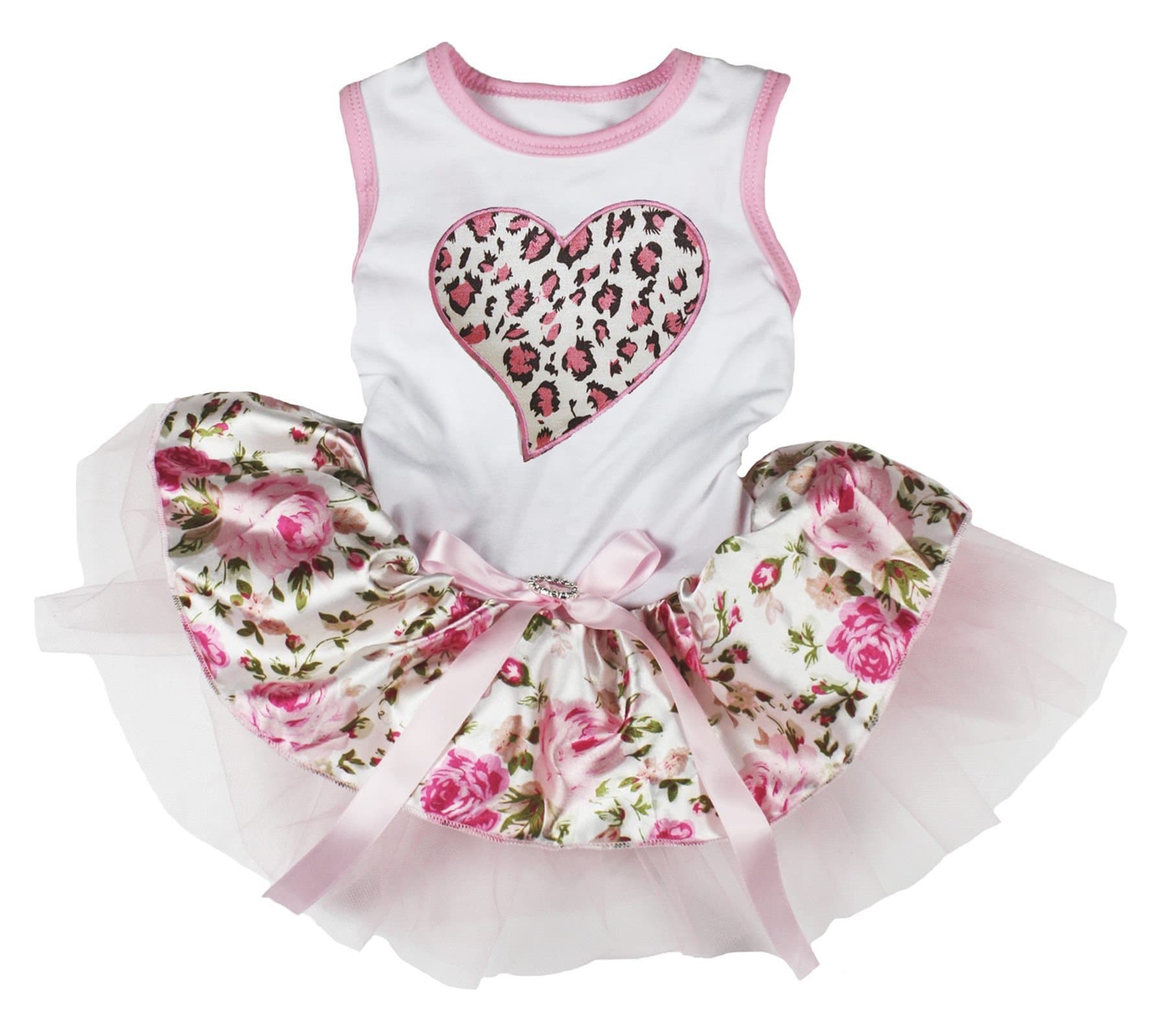 Petitebella Pink Leopard Heart White Shirt Pink Floral Tutu Dog Dress (Small)
