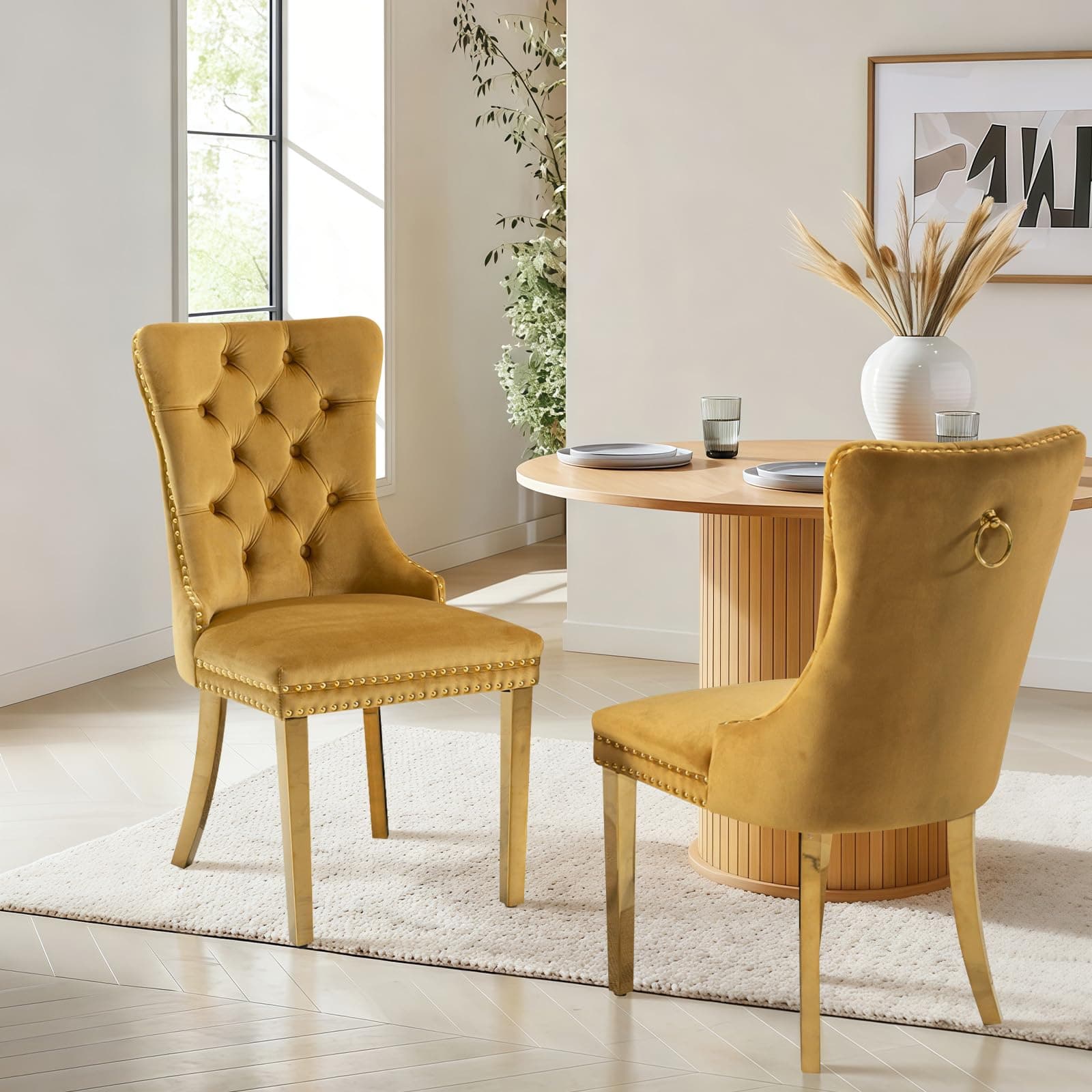 JETEAGO Dining Chairs Set of 2,Velvet Kitchen Chairs with Gold Legs(Gold)