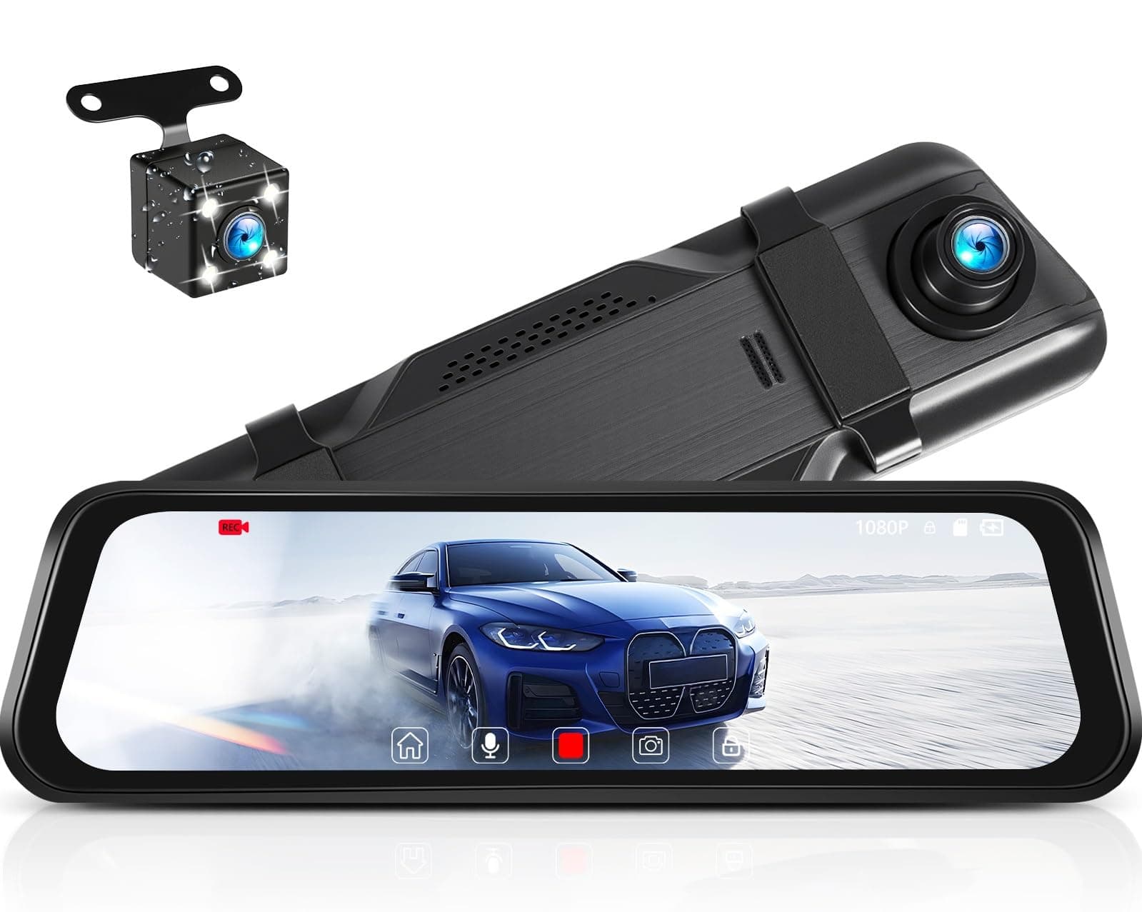 CAMECHO Rear View Mirror Camera 9.66" HD Mirror Dash Cam Front and Rear Camera, 4-LED Waterproof Rear View Backup Camera, Full IPS Touch Screen, Parking Assistance, Night Vision, Loop Recording