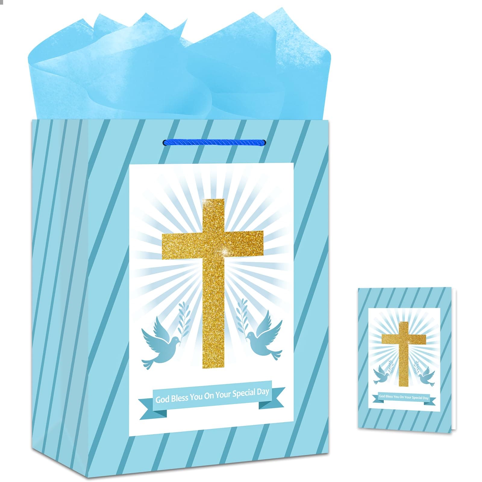 BIZIBAFF First Communion Gifts Bag for Boys Girls - 13" Baptism Gifts Bag with Tissue Paper Easter Religious Christian Gift Bag Christenings Confirmations Gifts for Baby Boys Girls