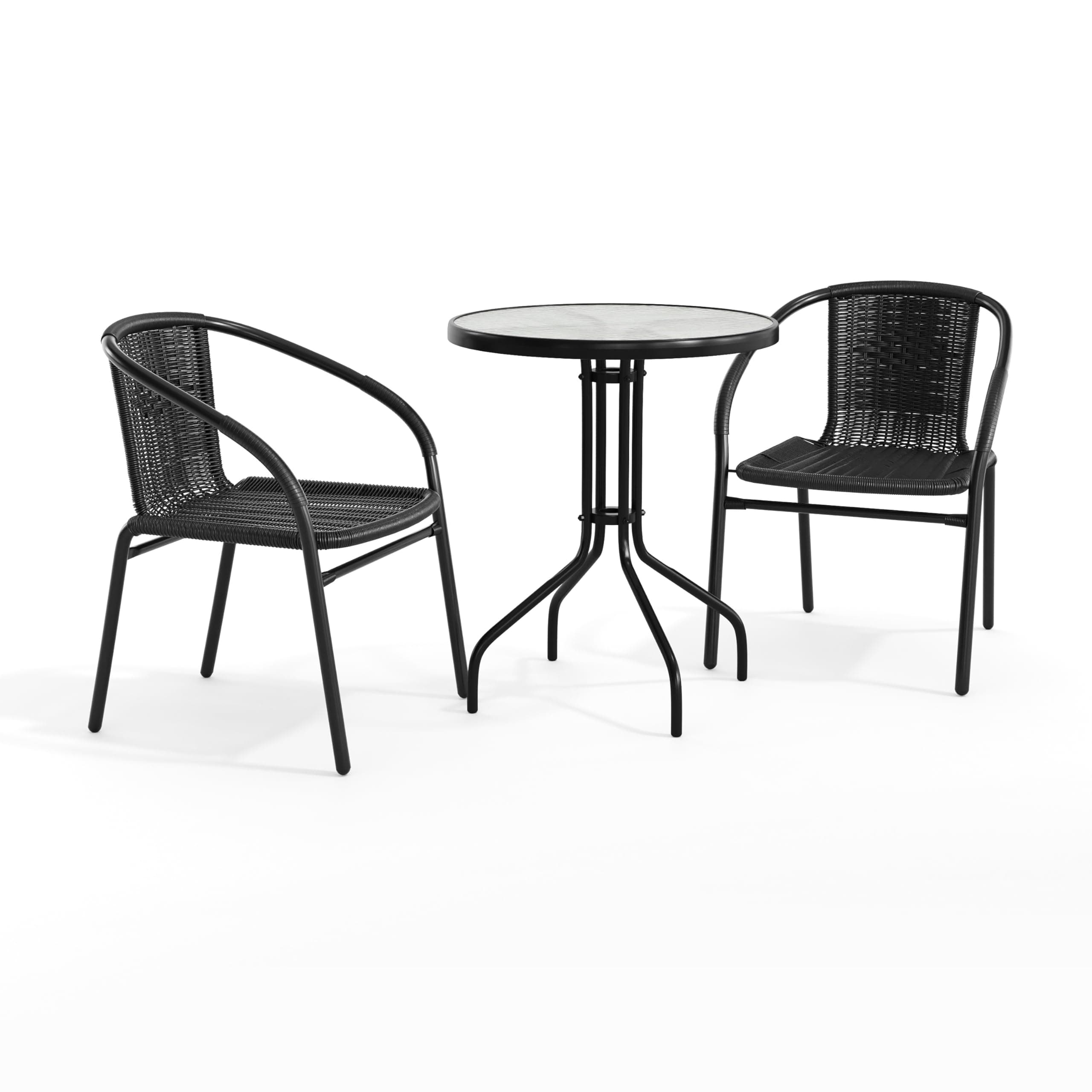 Flash Furniture 23.75'' Round Glass Metal Table with 2 Black Rattan Stack Chairs