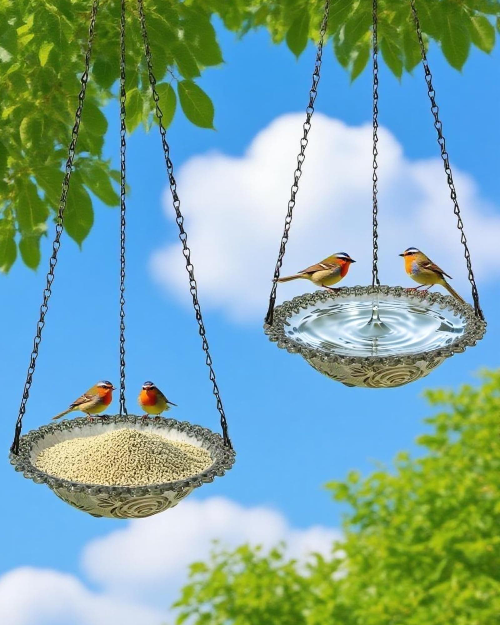 Aiqriwv 2 Pack Hanging Bird Baths and Feeders for Outdoors, Plastic Bird Bath Bowl & Hanging Feeder for Garden Yard Decor,Mist Grey
