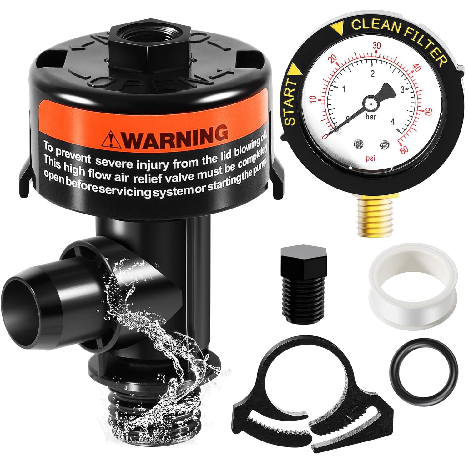 sixcow 98209800 High Flow Manual Relief Valve, Air Relief Manual Valve Assembly with Pressure Gauge, Replacement for Pentair Pool and Spa Filter
