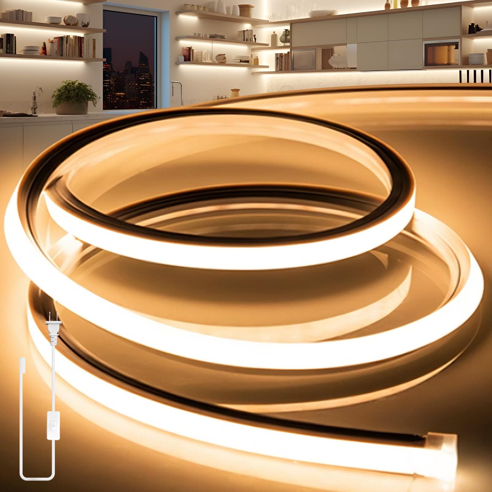 VOEWT LED Strip Lights Warm White 3000K,16.4ft 110-120V Neon Rope Lights,Flexible Silicone Outdoor Waterproof Neon Strip Lights for Bedroom,Mirror,Kitchen Cabinet, Living Room,Halloween Decor
