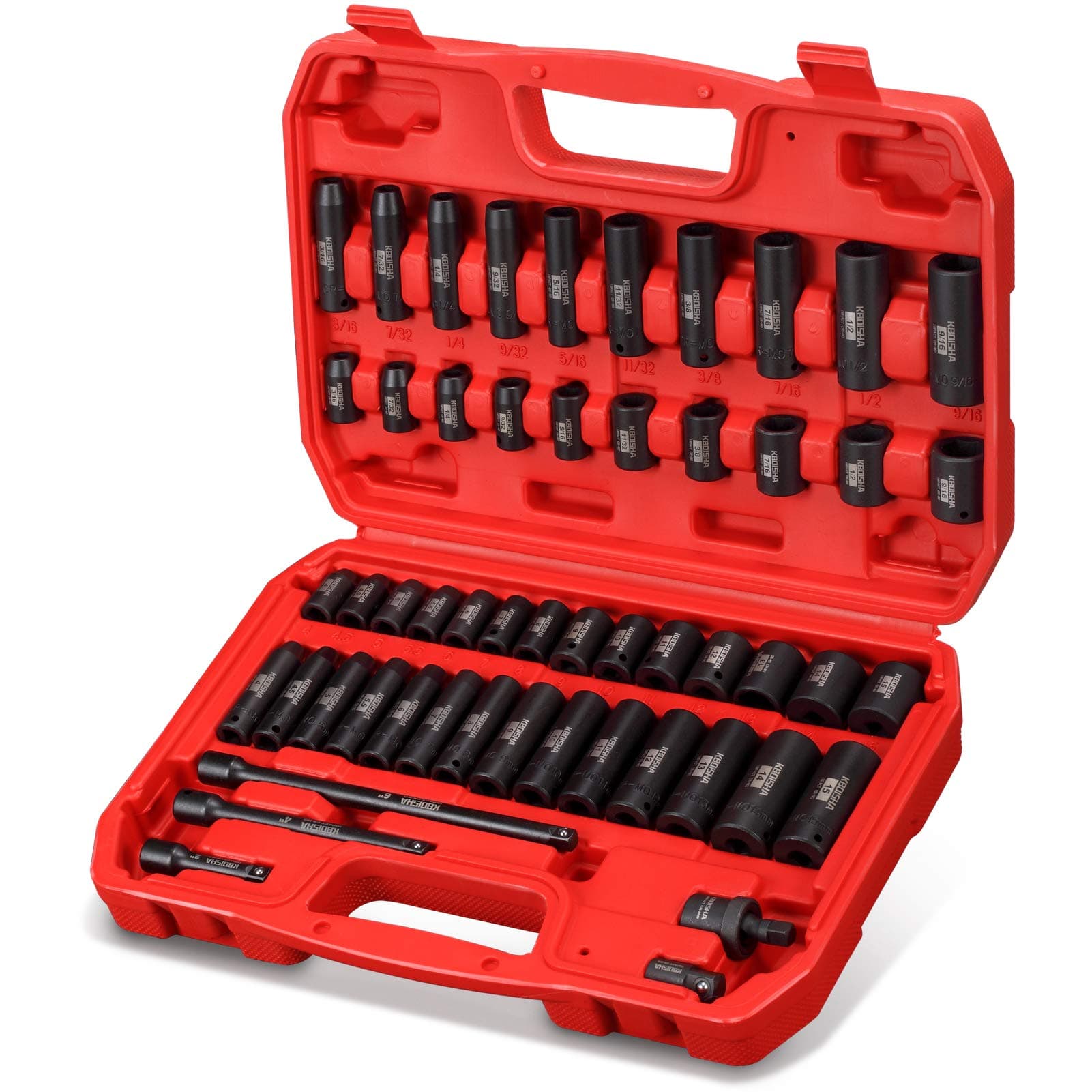 KBOISHA 1/4 Inch Drive Master Impact Socket Set, 53-Piece CR-MO Alloy Steel Socket Set SAE and Metric from 3/16 Inch - 9/16 Inch and 4mm - 15mm Standard and Deep Sockets with Heavy Duty Storage Case