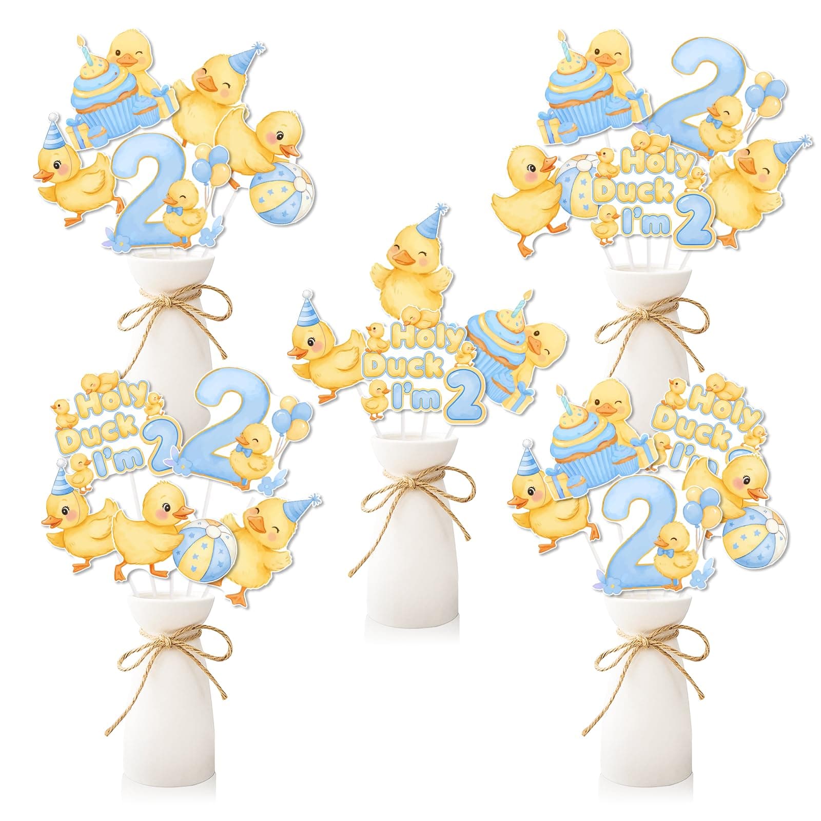24 Pcs Holy Duck Im Two Birthday Decorations Duck 2nd Birthday Centerpiece Sticks Blue Farm Animals Themed Table Toppers Animal 2 Year Old Table Centerpieces for Boys Second Bday Party Supplies