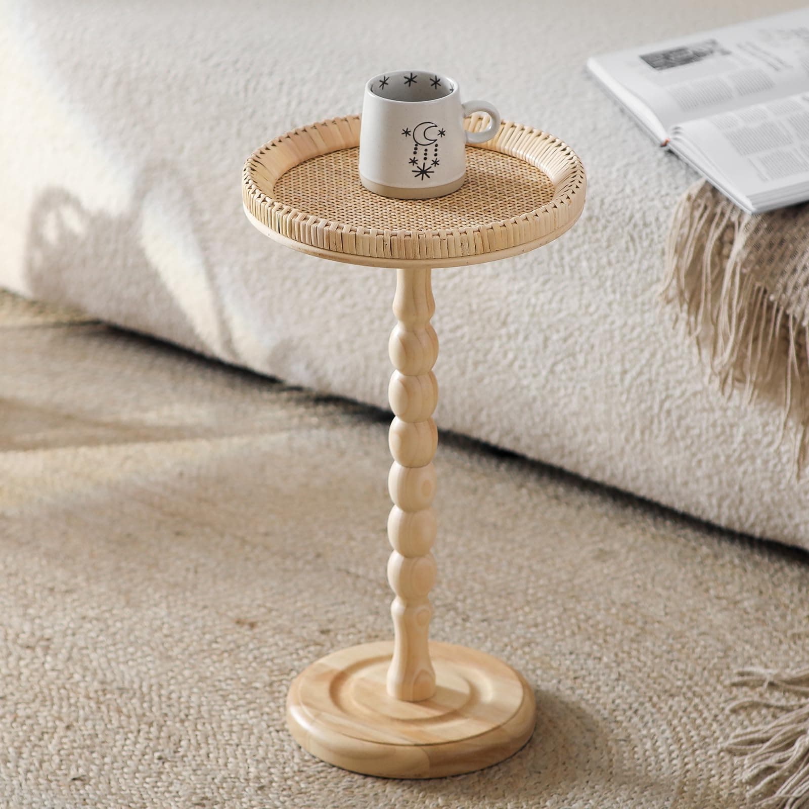 Aboacent Rattan Small Side Table, Round Small Drink Table, Boho Side Table