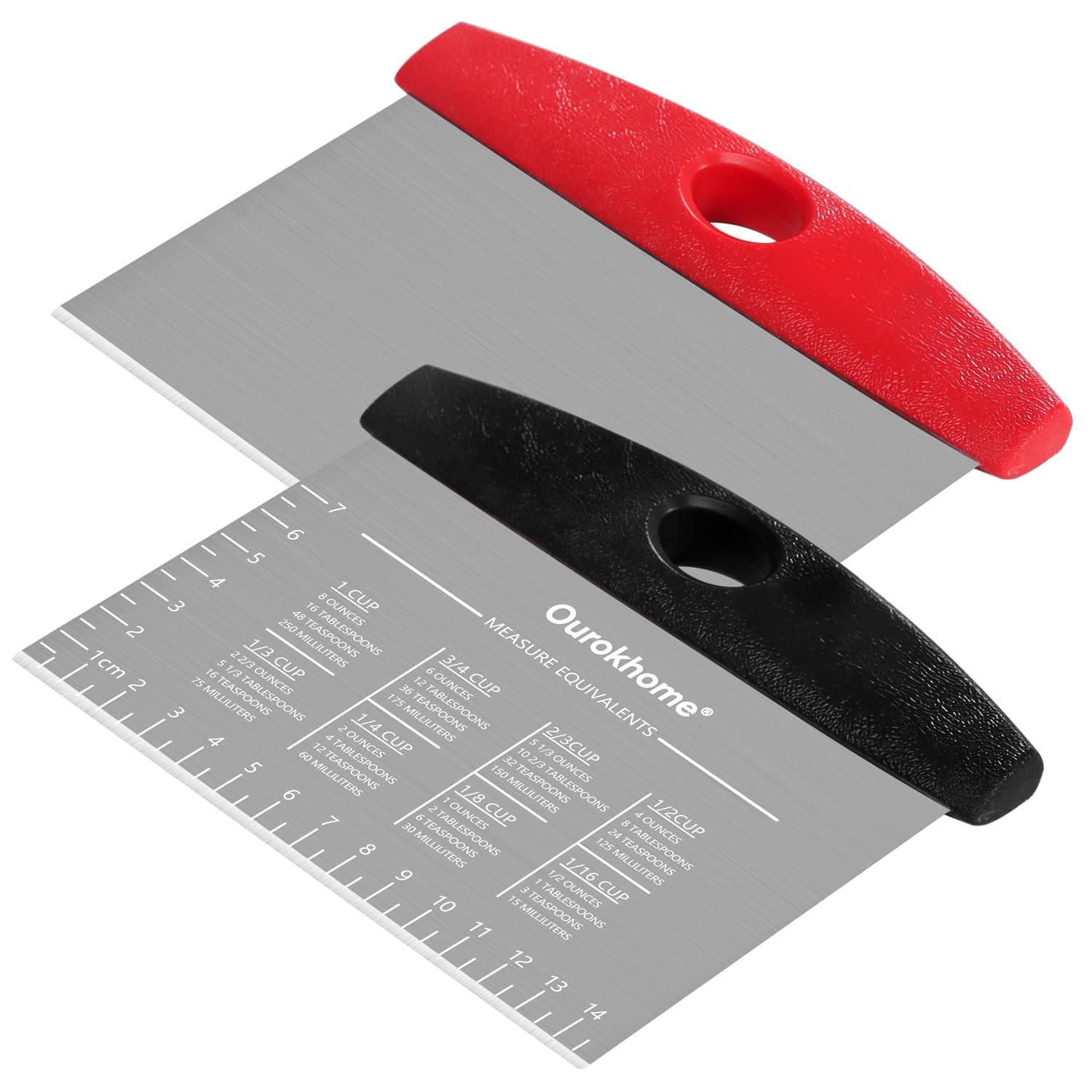Ourokhome 2 Pack Bench Scraper Dough Cutter, Stainless Steel Dough Scraper with Laser-Etched Scale, Conversion Chart, Non-Slip Handle, Dishwasher Safe for Bread & Pastry, Black and Red