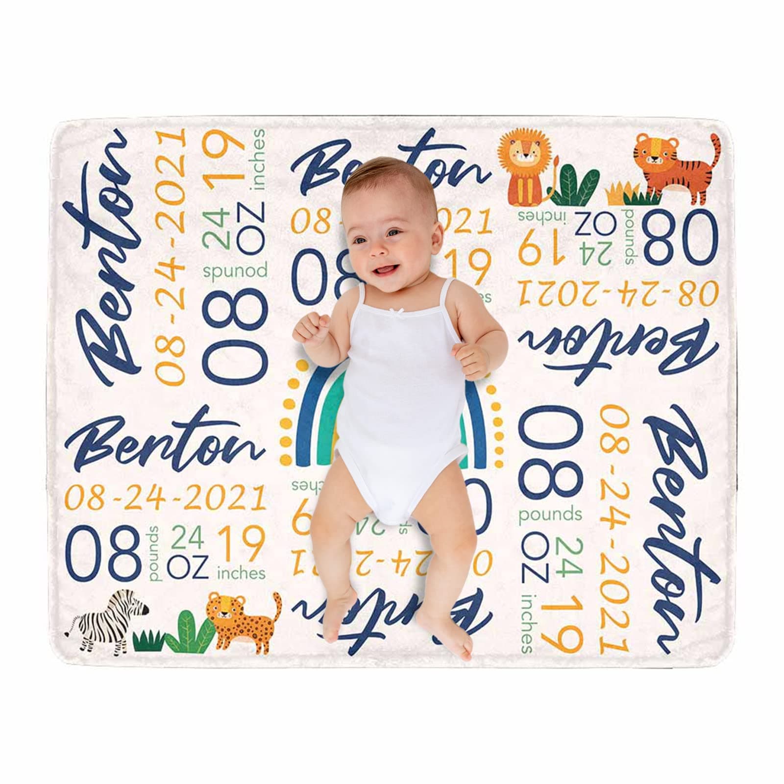 Artsadd Customized Baby Blankets with Birth Information, Personalized Animal Printed Newborn Commemorate Blanket, Custom Baby Blankets for Boys Girls for Mom, Dad, Grandma 40"x50"