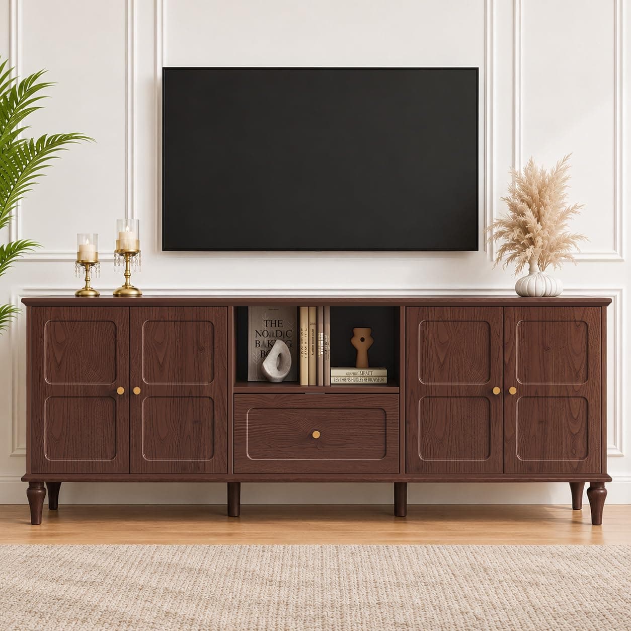 ARTPOWER 67'' Mid-Century Modern TV Stand with Storage Drawer and Doors, Long TV Stand with Adjustable Shelves for 75 Inch TV for Living Room, Bedroom, Brown