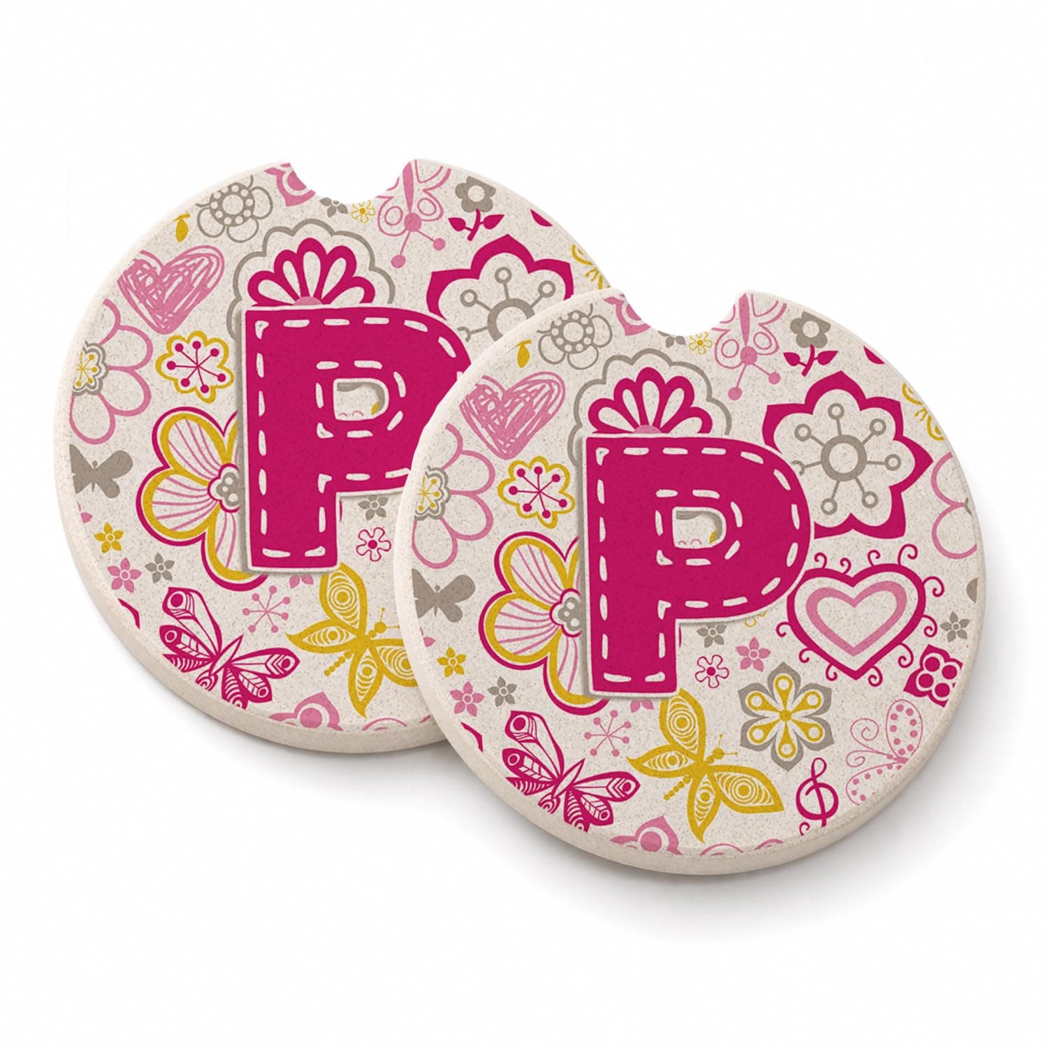 Caroline's Treasures Letter P Flowers & Butterflies Pink Set of 2 Cup Holder Car Coasters CJ2005-PCARC, 2.56, Multicolor