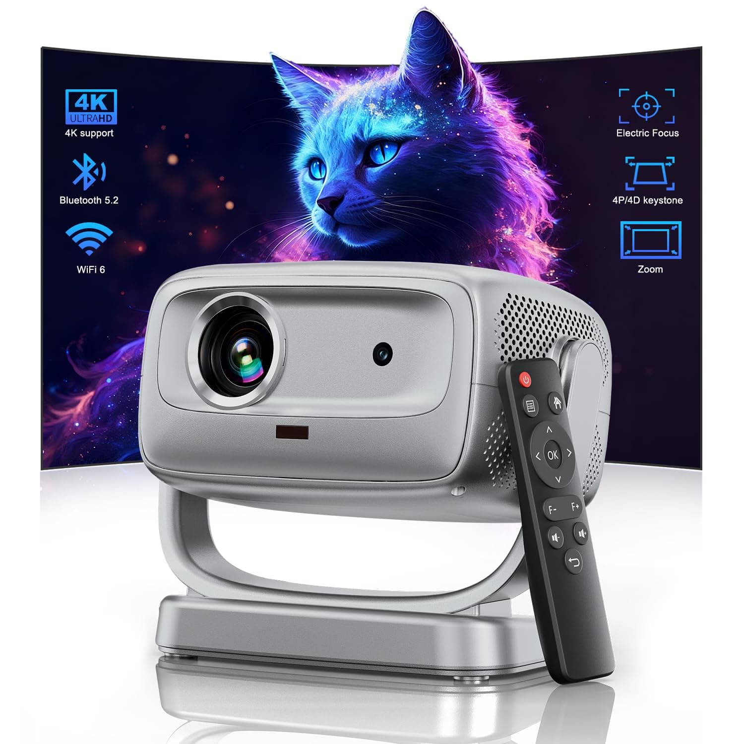 4K Supported Smart Projector with WiFi 6 and Bluetooth 5.1, FHD 1080P Portable Projector with Auto Focus Keystone, Max 300" Screen for Bedroom Ceiling, Camping, iPhone Android TV Stick Compatible