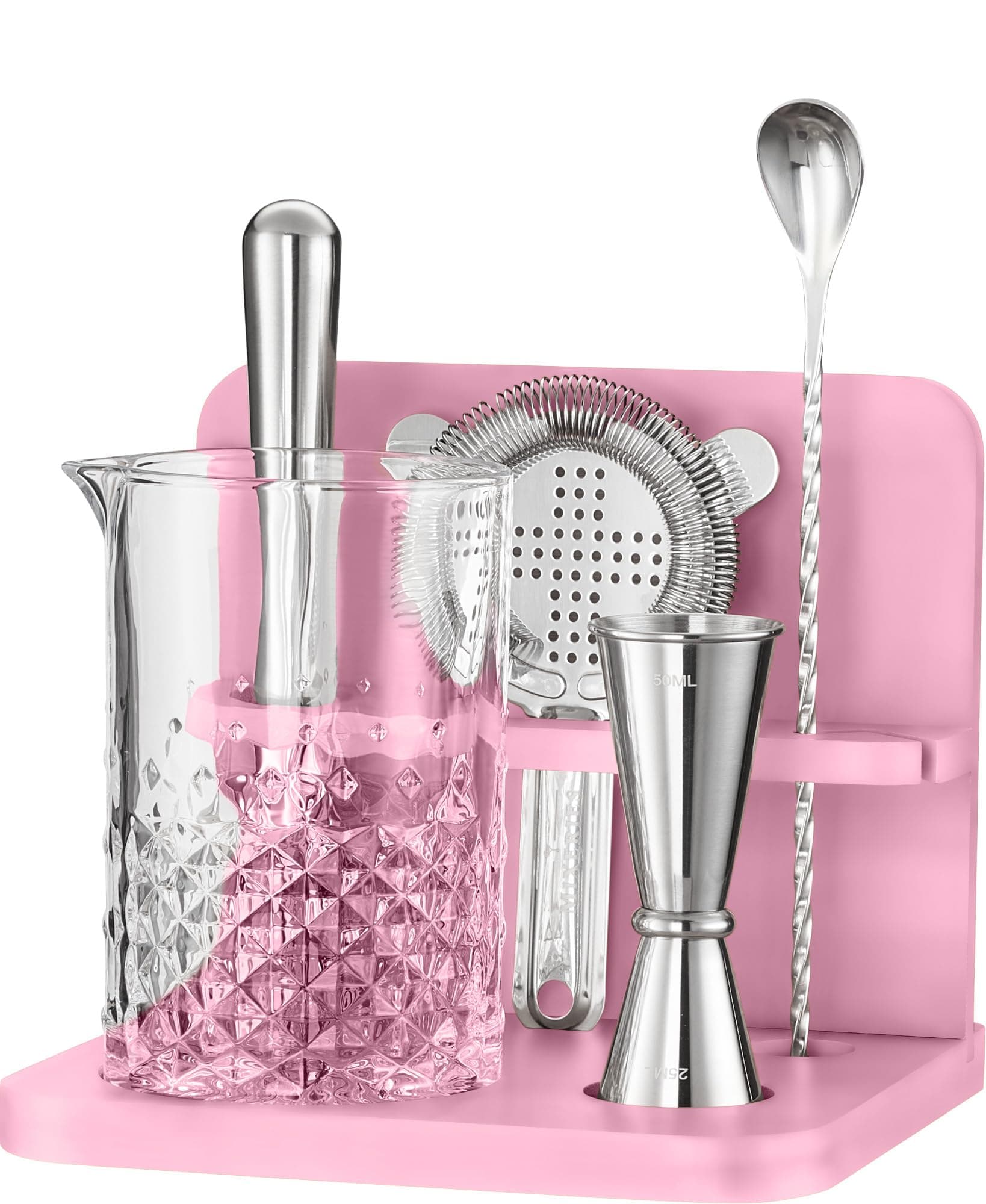 Mixeries Crystal Cocktail Mixing Glass Set with Bamboo Stand - 22 Oz 650ml - Thick and Sturdy Bottom, Durable and Seamless Design with Bar Accessories, Pink