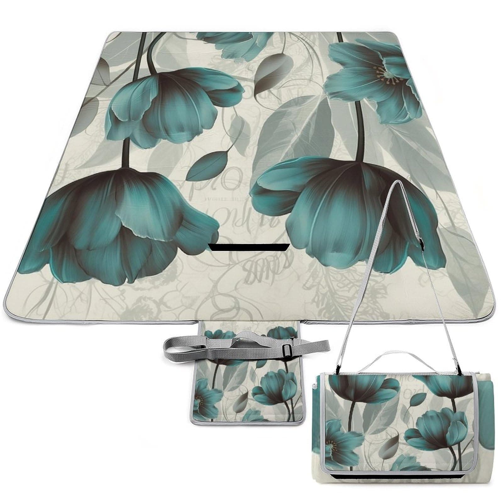 BTCOWZRV Picnic Blanket Large Waterproof Picnic Mat 58.3â€x 58.3â€ Foldable Portable Beach Blanket Elegant Teal Tulip Flower Square Camping Blanket Outdoor Beach Mat for Travel Grass Park