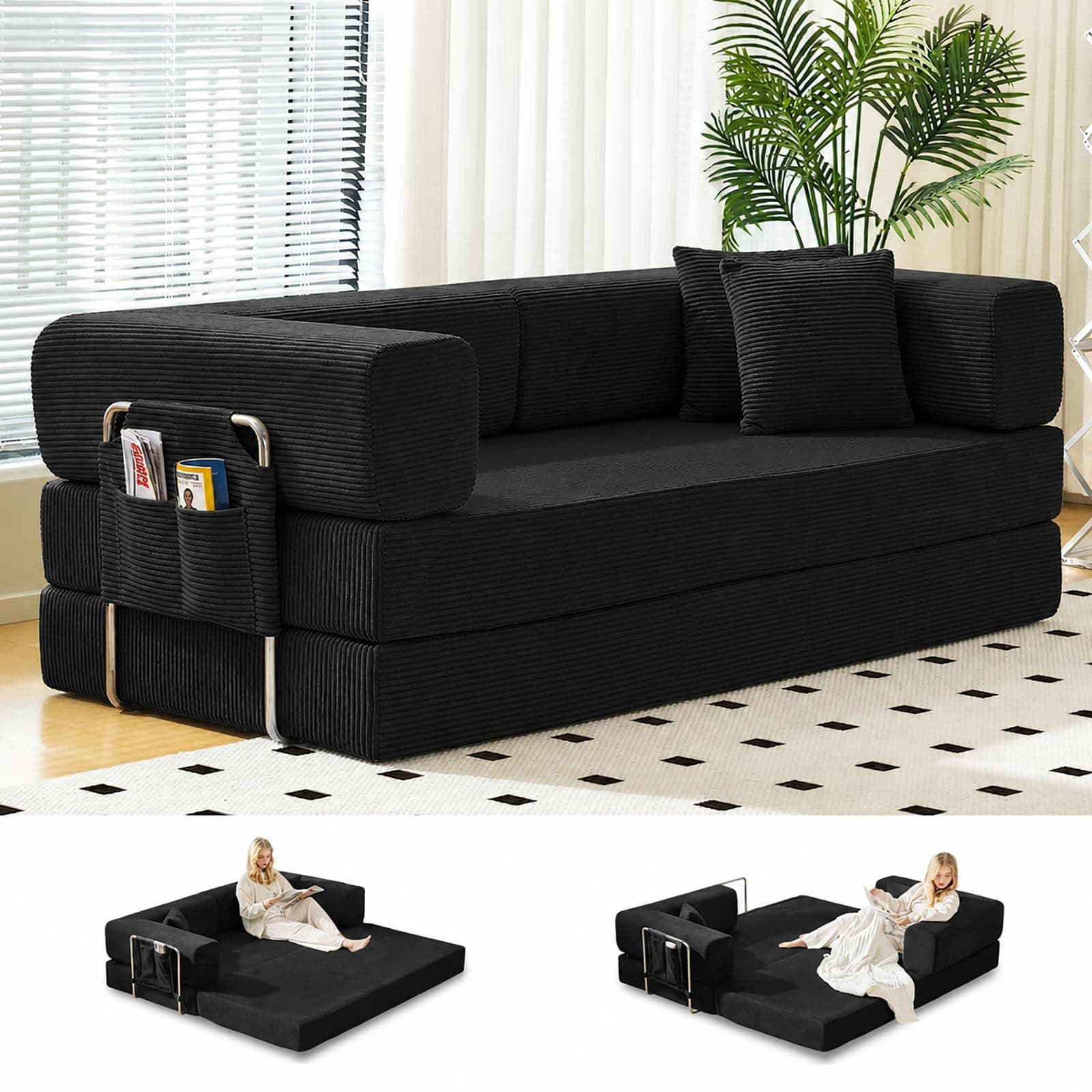 Compact Sofa Small Unit Corduroy Three Person Sofa Bed, Multifunctional Living Room Sofa, Suitable for Apartment Rooms, Modern and Simple Grid (Black, 200CM)
